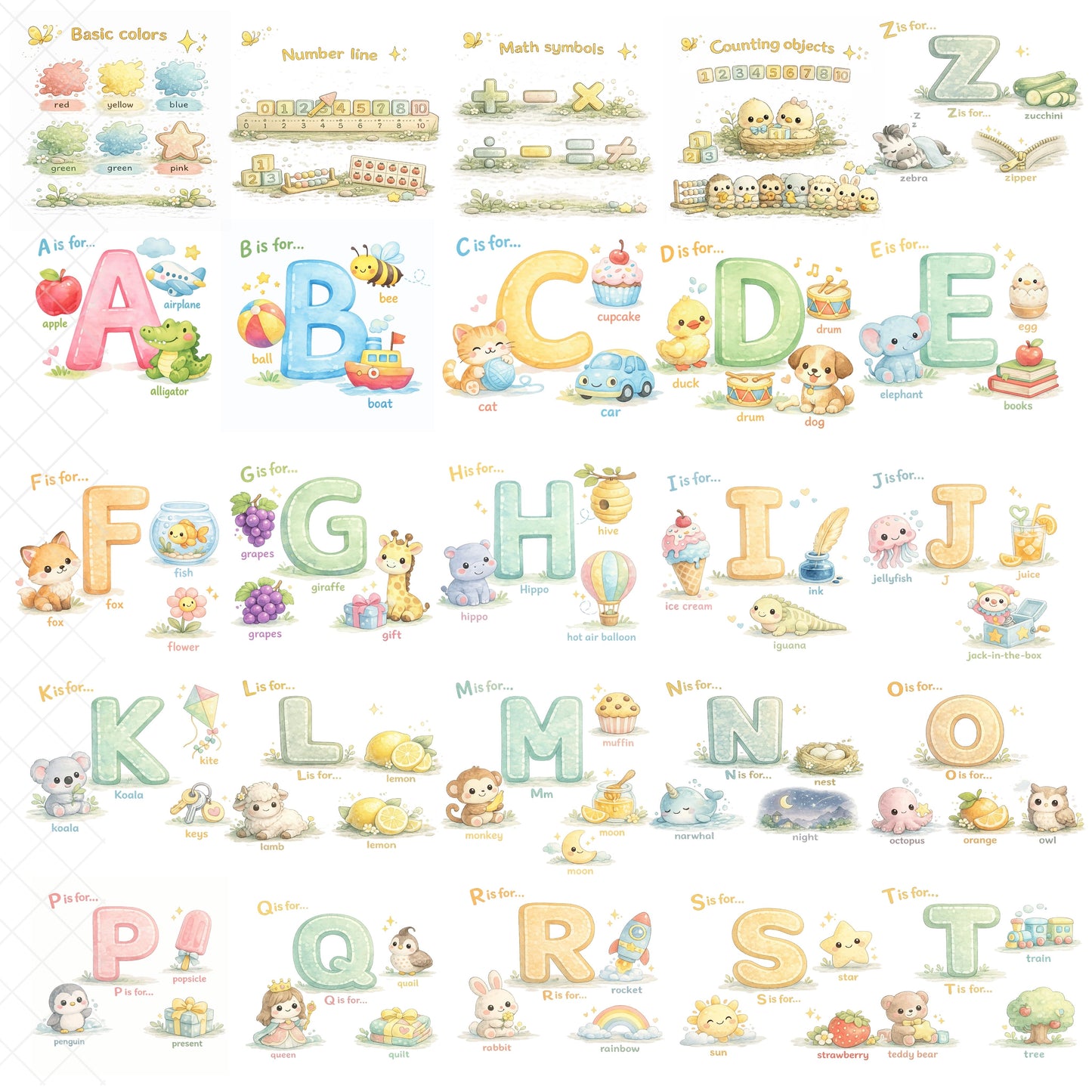 ABC Numbers Learning Clipart – 55 PNG Alphabet & Counting Objects | Preschool Worksheets, Flashcards, Classroom Posters