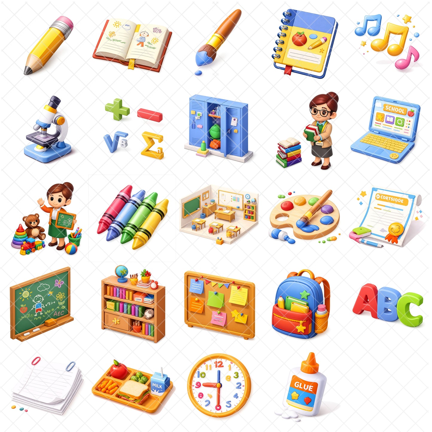 Teacher and School 3D PNG Clipart Bundle, Classroom Graphics, Students & Supplies, Back to School Art, Planner Stickers, Commercial Use, 49 PNG