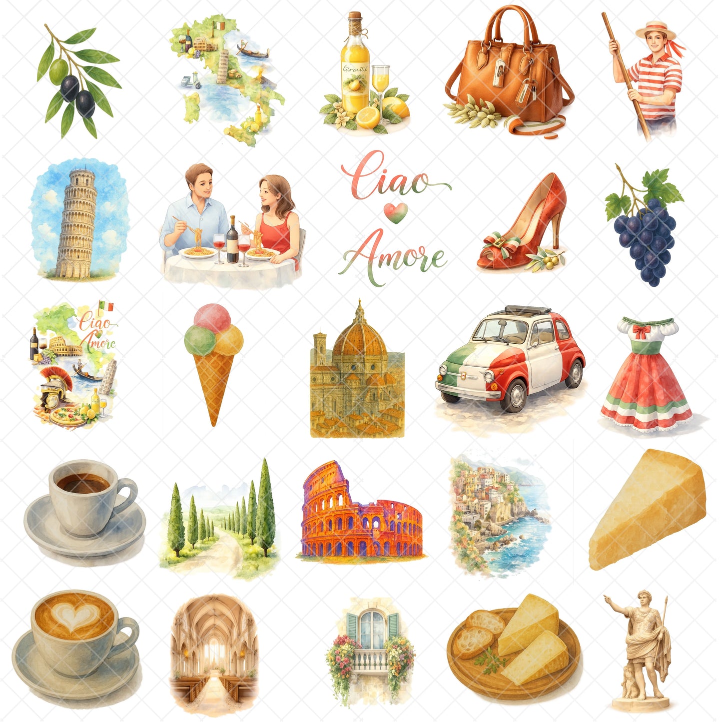 Italy Clipart – 50 Watercolor Italy PNG Files – Italian Food, Landmarks & Travel Graphics