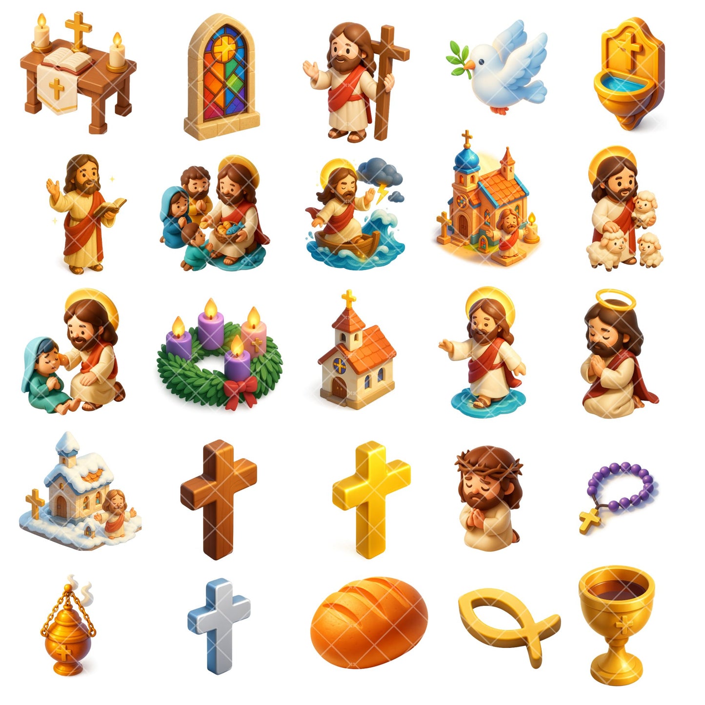 Jesus Christian Clipart PNG Bundle, 3D Religious Symbols, Cross Bible Church Dove Faith Art (60 PNG)
