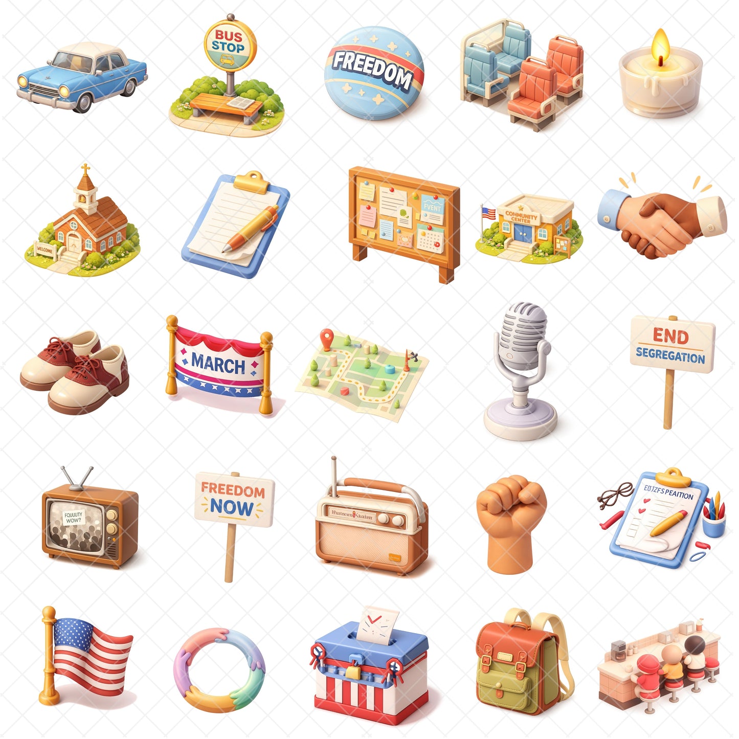 American Civil Rights Clipart Bundle – History PNG, Voting & Protest Graphics, Freedom Riders Art, Classroom & Black History Resources, 53 PNG
