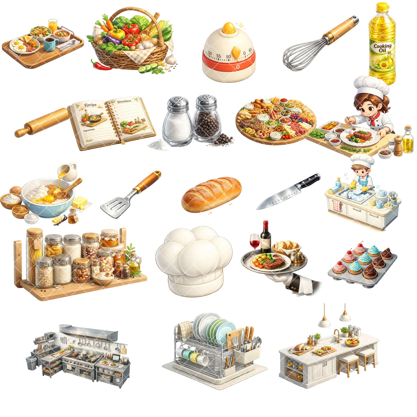 Chef Clipart Bundle – 3D Isometric Cooking PNGs (47 Files) – Cute Kitchen Graphics, Baking & Recipe Design
