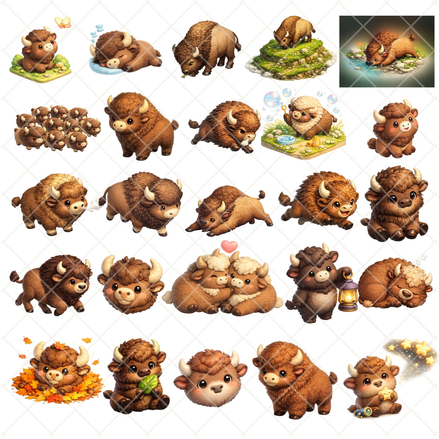 Bison Clipart Bundle – 3D Isometric Woodland PNGs (40 Files) – Cute Buffalo, Forest Animals & Fall Graphics