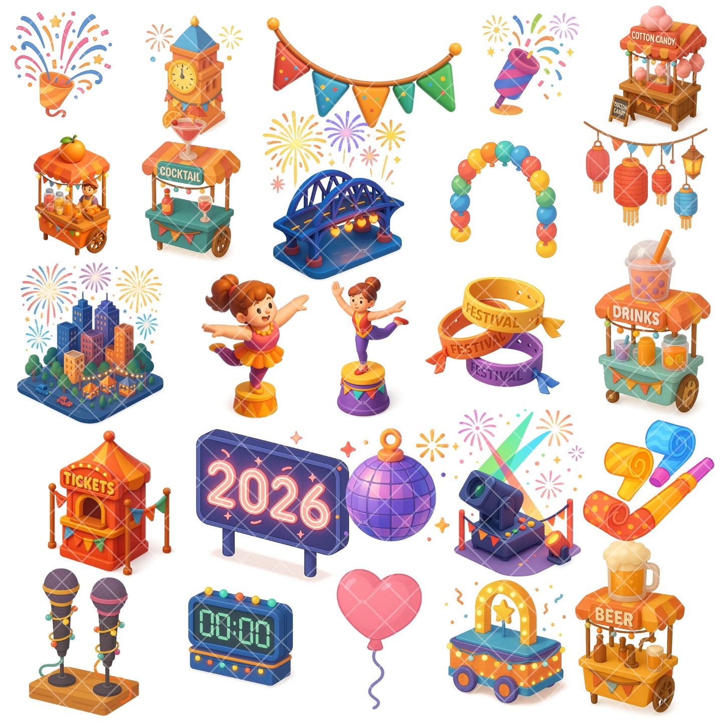 New Year Fireworks Festival Clipart – 2026 Street Party PNG Set, Parade Music Food Stalls, 3D Celebration Graphics, 60 PNG Files