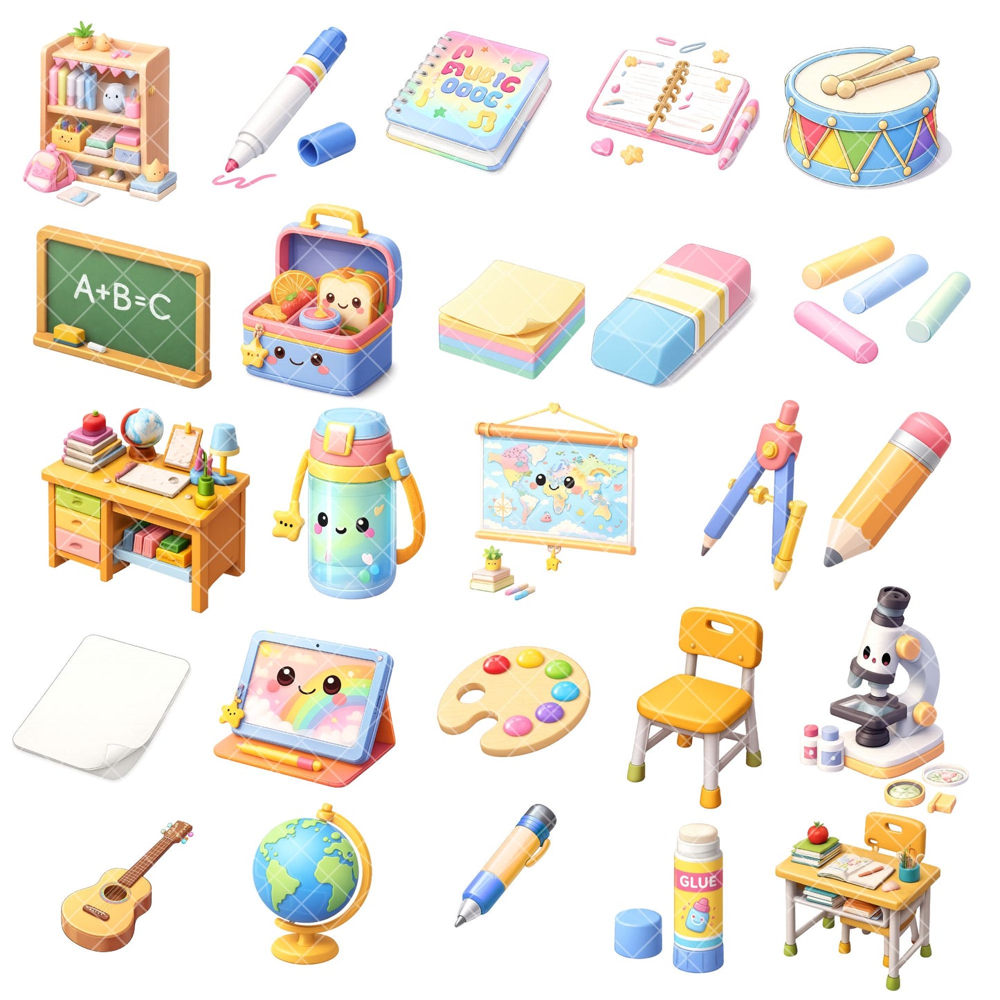 Classroom School 3D Clipart PNG Bundle – 50 Educational Tools, Desk Supplies & Math Icons