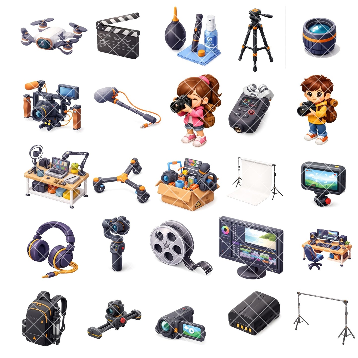 Photographer and Videographer PNG Clipart, Camera & Video Creator Graphics, Studio Equipment Art, Digital Stickers, Commercial Use, 50 PNG