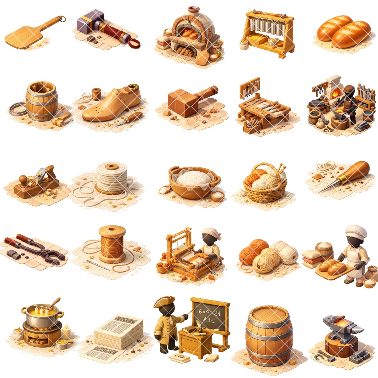 Colonial Trades Clipart – 54 Early American Profession PNG Files – Blacksmith, Baker & Colonial America Graphics