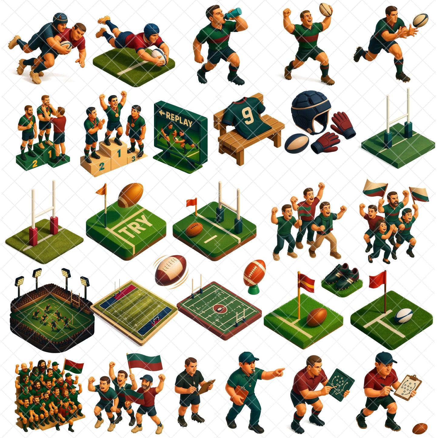 Rugby 3D Clipart Bundle – Rugby Players in Action PNG, Sports Team Graphics, Balls, Helmets & Victory Poses, 70 PNG
