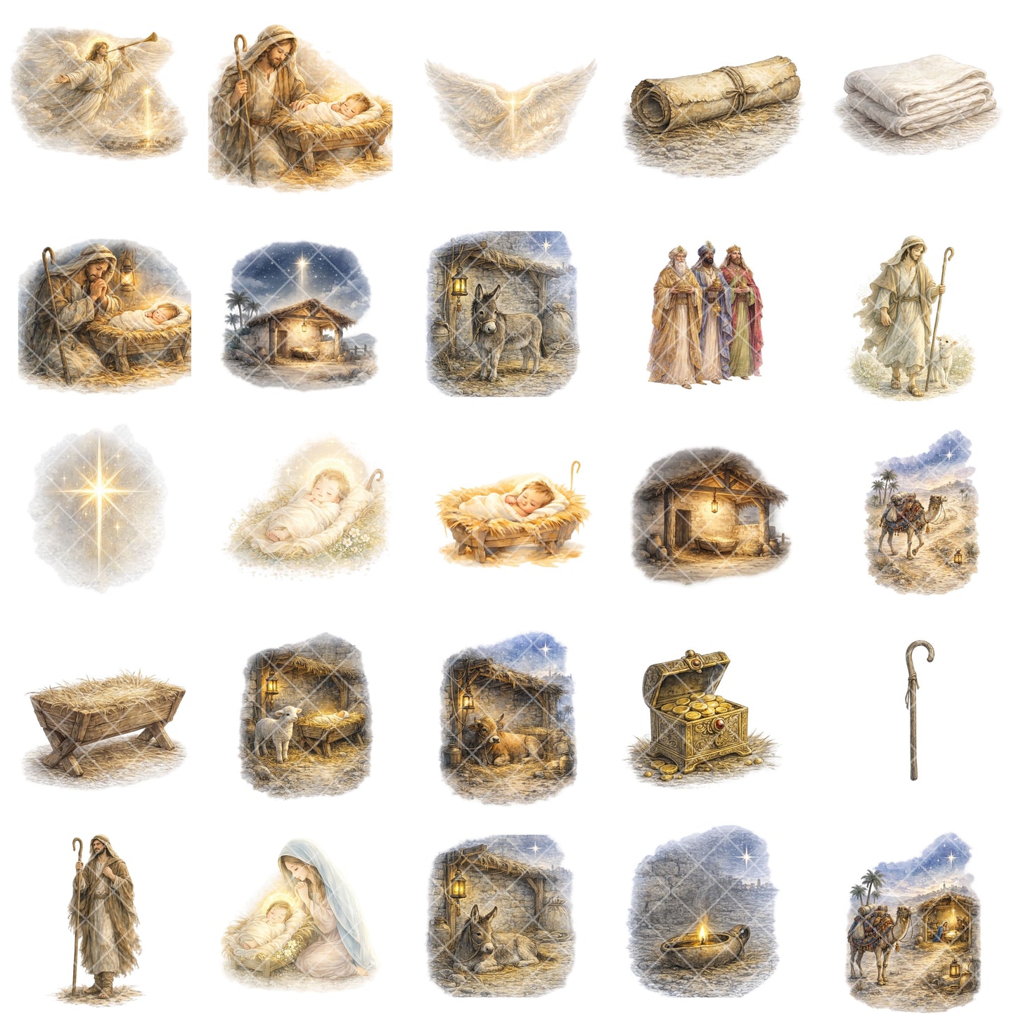 Nativity Clipart – 60 Birth of Jesus PNG Files – Christmas Bible Story Watercolor Graphics