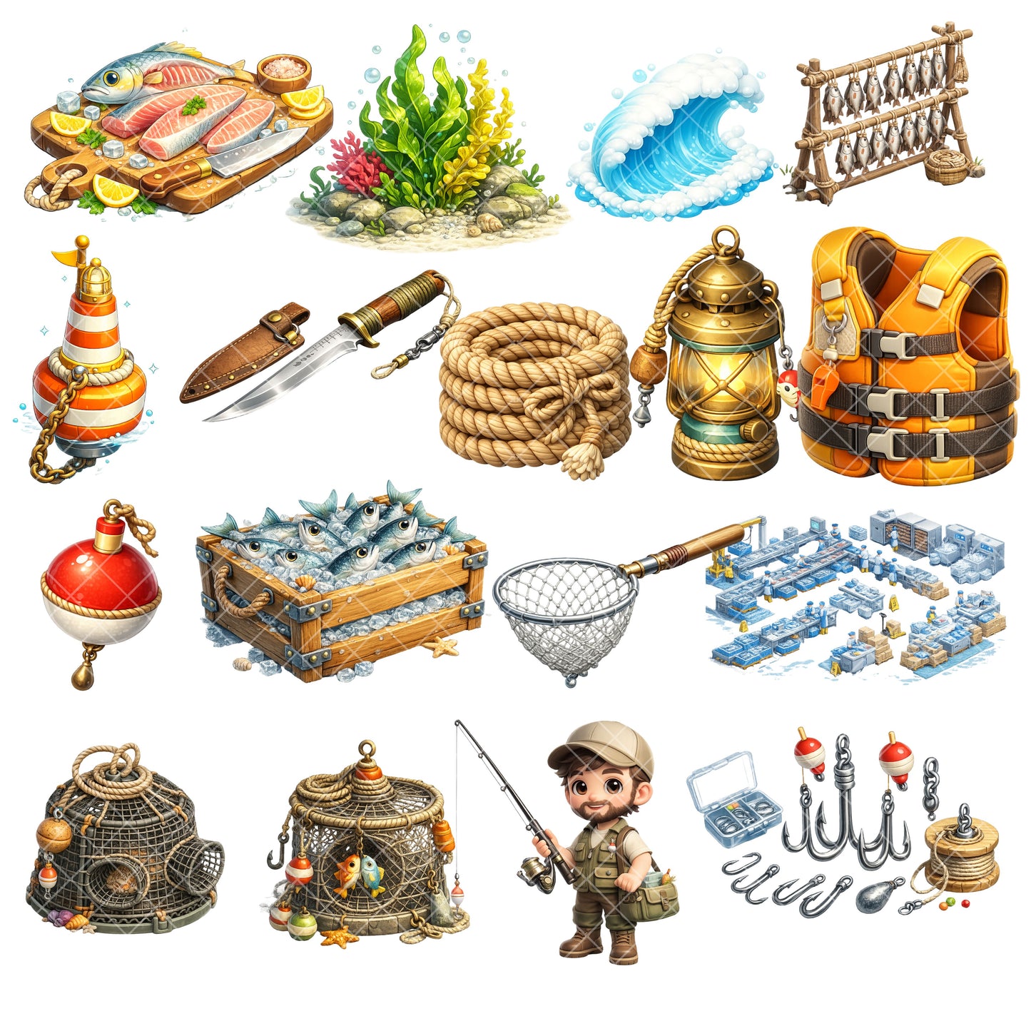 Fisherman Clipart Bundle – 3D Isometric Fishing Village PNGs (44 Files) – Nautical Boats, Docks & Coastal Graphics