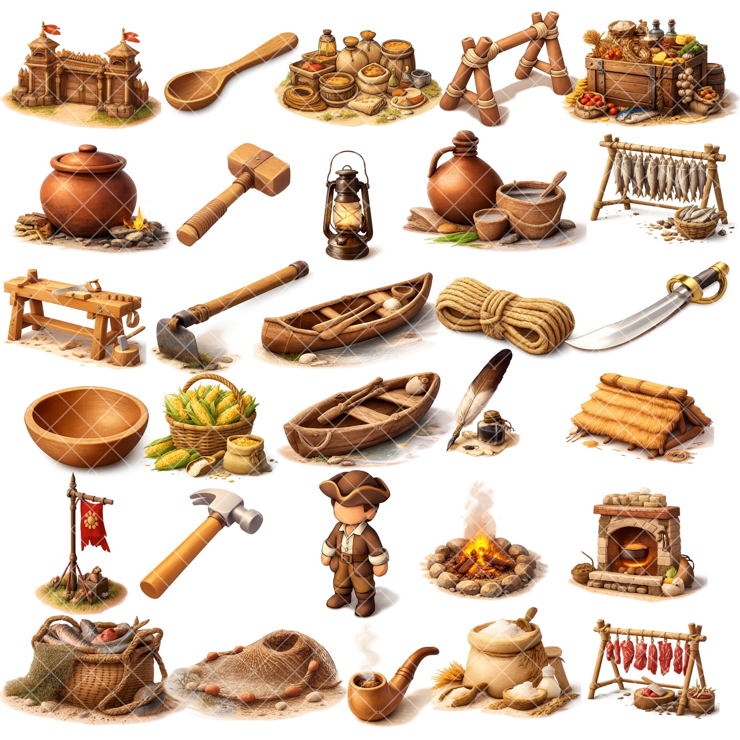 Jamestown Settlement 3D Isometric Clipart Bundle | Colonial America PNG | American History Clipart | Homeschool & Classroom Educational Graphics