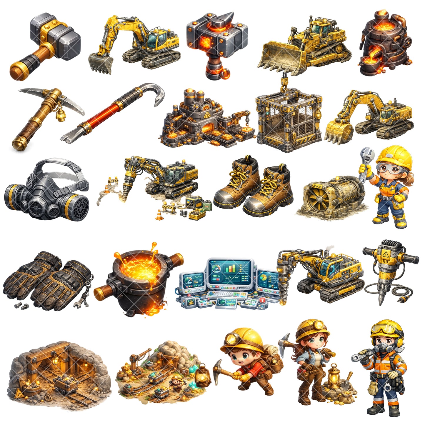 Miner 3D Isometric Clipart Bundle – Mining Equipment PNGs (44 Files) – Heavy Industry, STEM & Construction Graphics