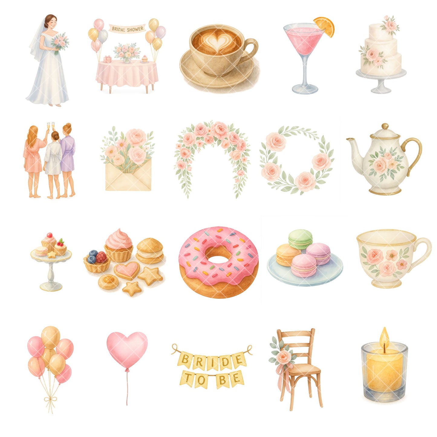 Bridal Shower Clipart Watercolor – Floral Champagne & Wedding Dress PNG | Romantic Wedding Party Art (55 Files)