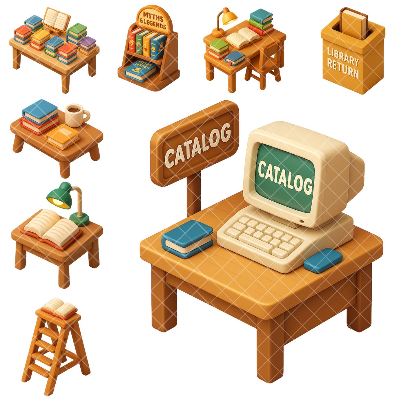Library Bookstore Clipart – Cozy Reading PNG Set, Books & Bookshelves, Classroom & Teacher Graphics (62 Files)