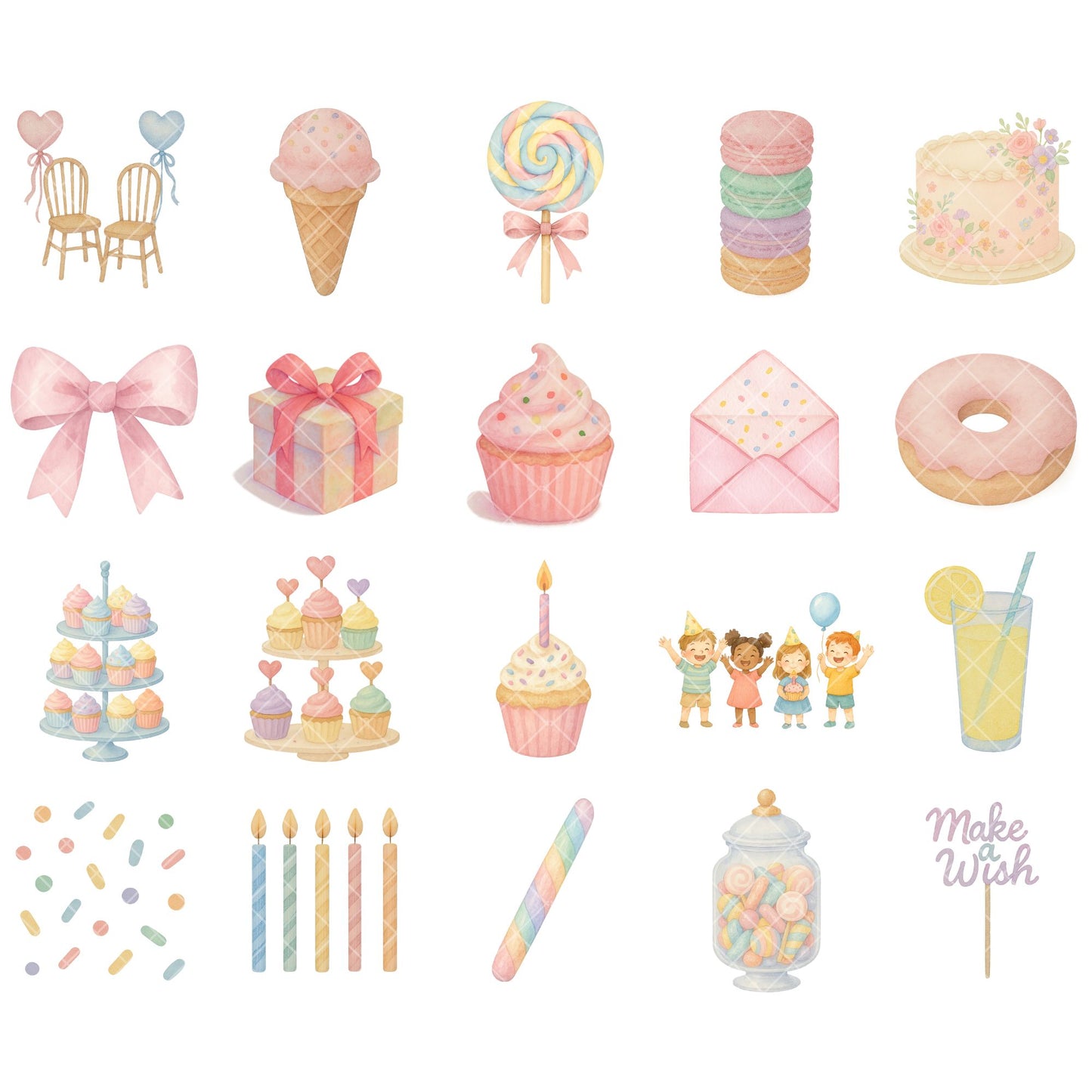 Watercolor Birthday Clipart Bundle, Kids Party PNG Files, Balloons Cake Gifts Cupcakes, Birthday Decorations Set (55 PNG)