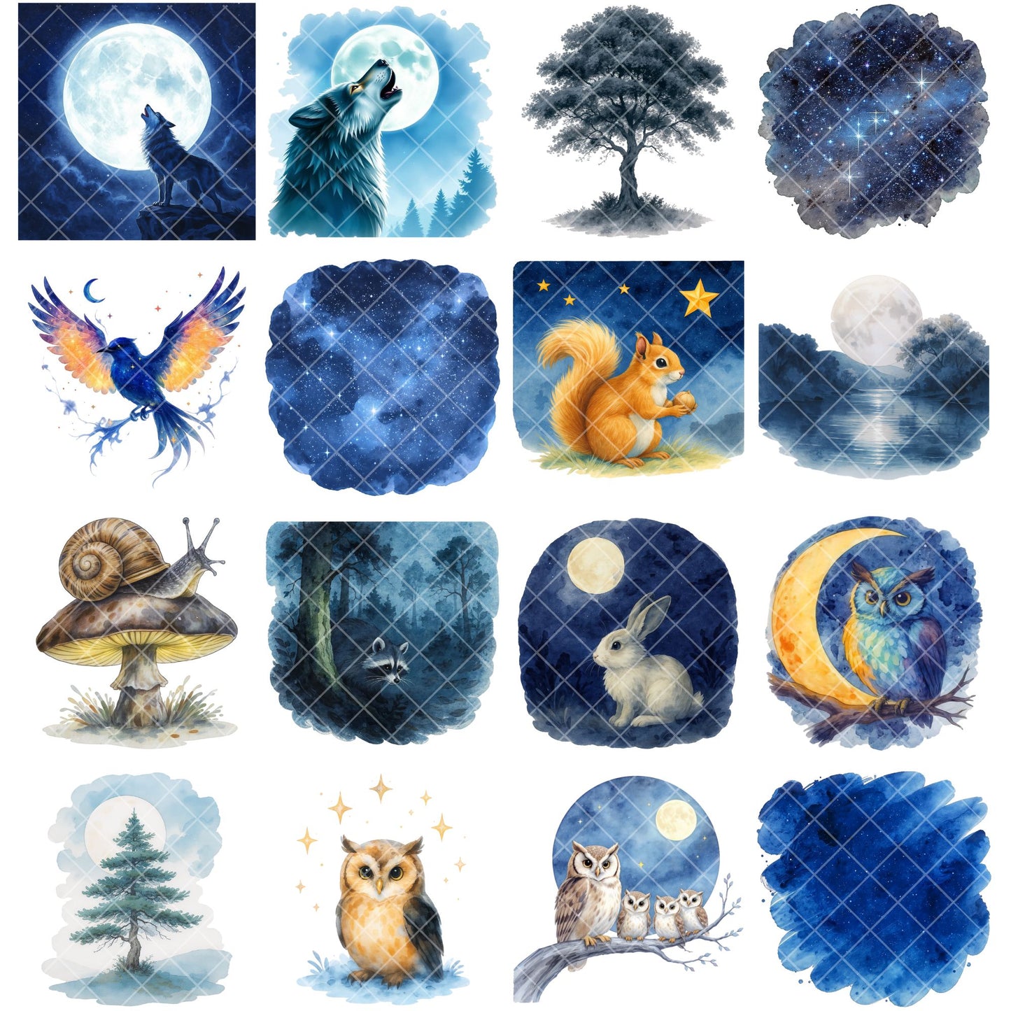 Night Forest Animals Watercolor Clipart Bundle – Nocturnal Wildlife PNG, Owl Wolf Moon Fantasy Nature Art for Nursery, Crafts & Sublimation, 51 PNG