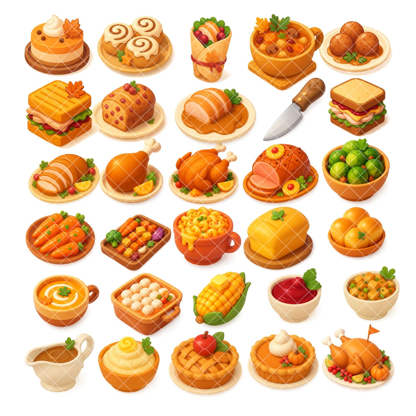 Thanksgiving Feast Clipart Bundle – 3D Autumn Food PNG Set, Fall Dinner Illustrations, Thanksgiving Food Clipart, 54 PNG Files