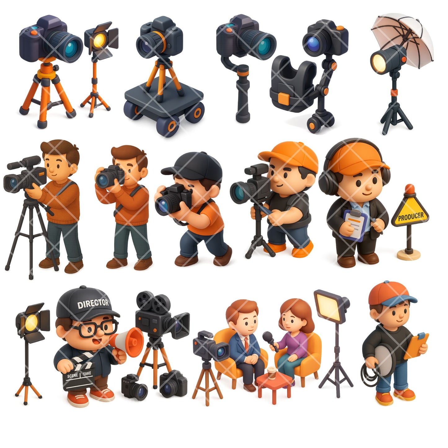Photography & Film Studio Clipart – 3D Movie Maker PNG Bundle | Cameras, Lighting, Director Gear (60 Files)