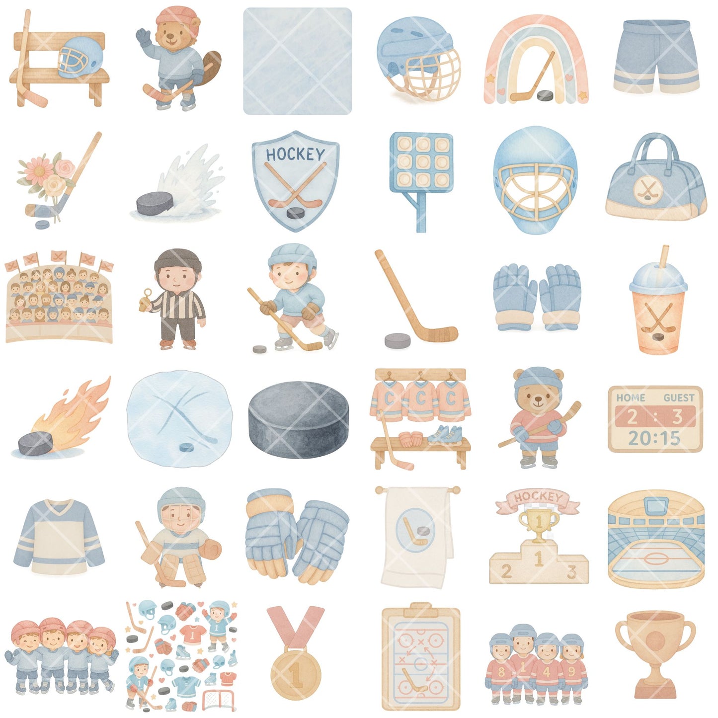 Ice Hockey Watercolor Clipart, Kids Hockey PNG Bundle, Cute Sports Illustrations, Pastel Hockey Players & Gear