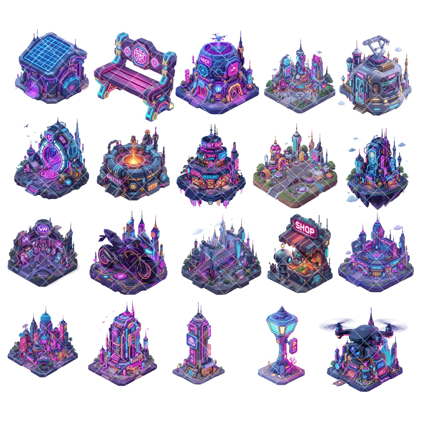 Cyberpunk City PNG Bundle – 60 Neon Sci-Fi Metropolis Clipart for Game Design & Digital Art