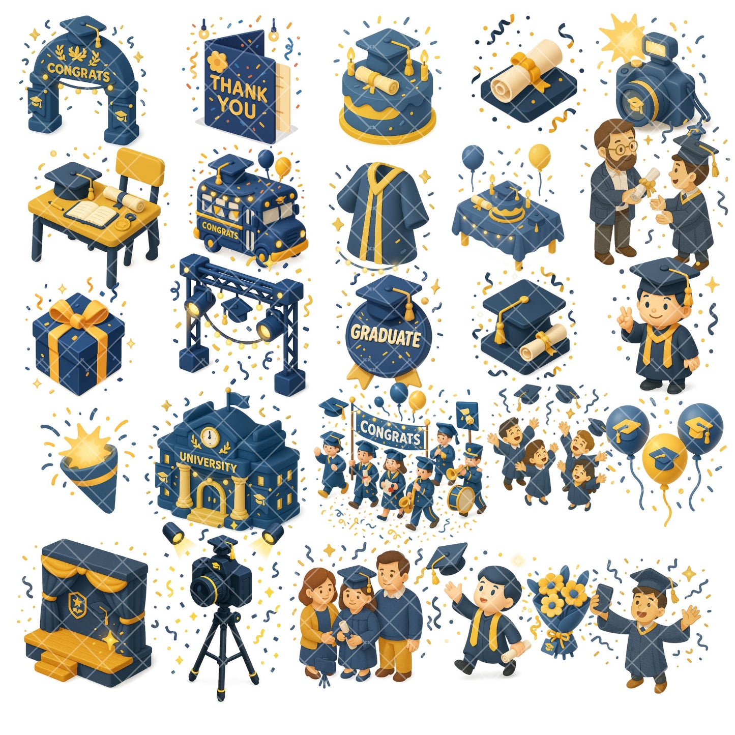 Graduation 3D Clipart Bundle – Class of 2025 PNGs, Isometric Graduation Party Graphics (53 Files)
