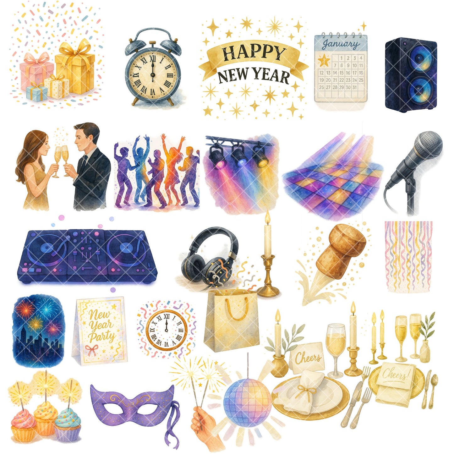 New Year Party Watercolor Clipart – 2025 Celebration PNG Set, Champagne Balloons Fireworks, New Years Eve Clipart, 59 PNG Files