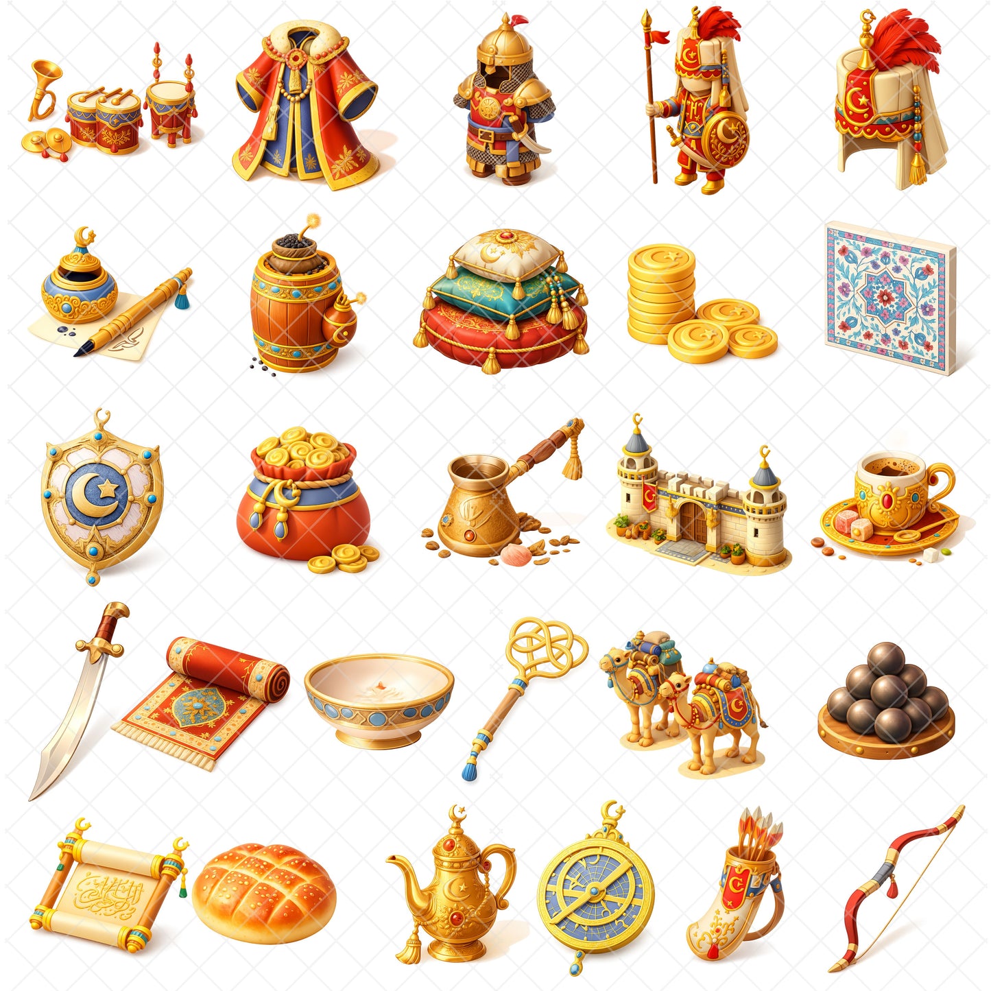 Ottoman Empire PNG Clipart Bundle, Turkish Sultan & Warrior Art, Medieval Castle Camel Market Graphics, Islamic History, Commercial Use, 55 PNG