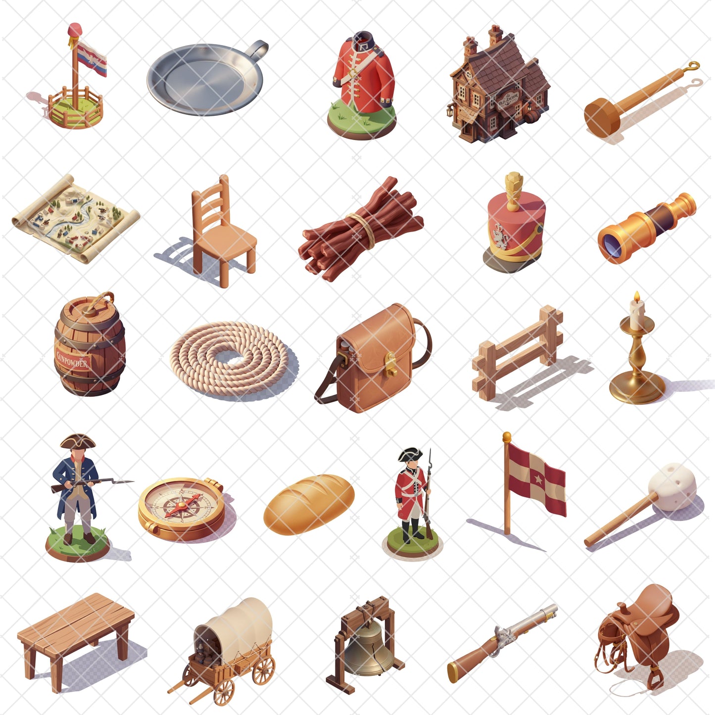 American Revolution 3D Clipart PNG Bundle – 55 Colonial War & US Independence Graphics for History Classroom