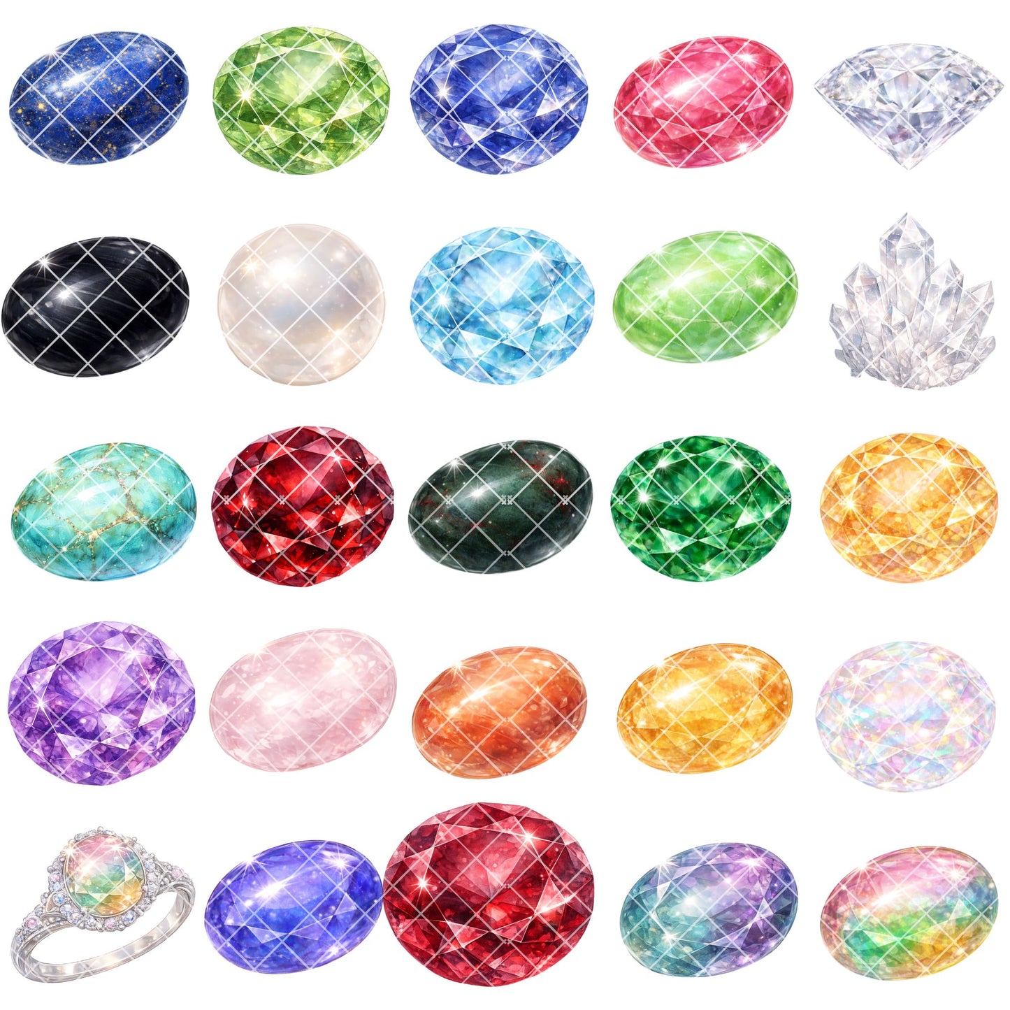 Birthstone Clipart – 55 Watercolor Gemstone PNG Files – Pastel Crystal Graphics for Zodiac & Jewelry Designs