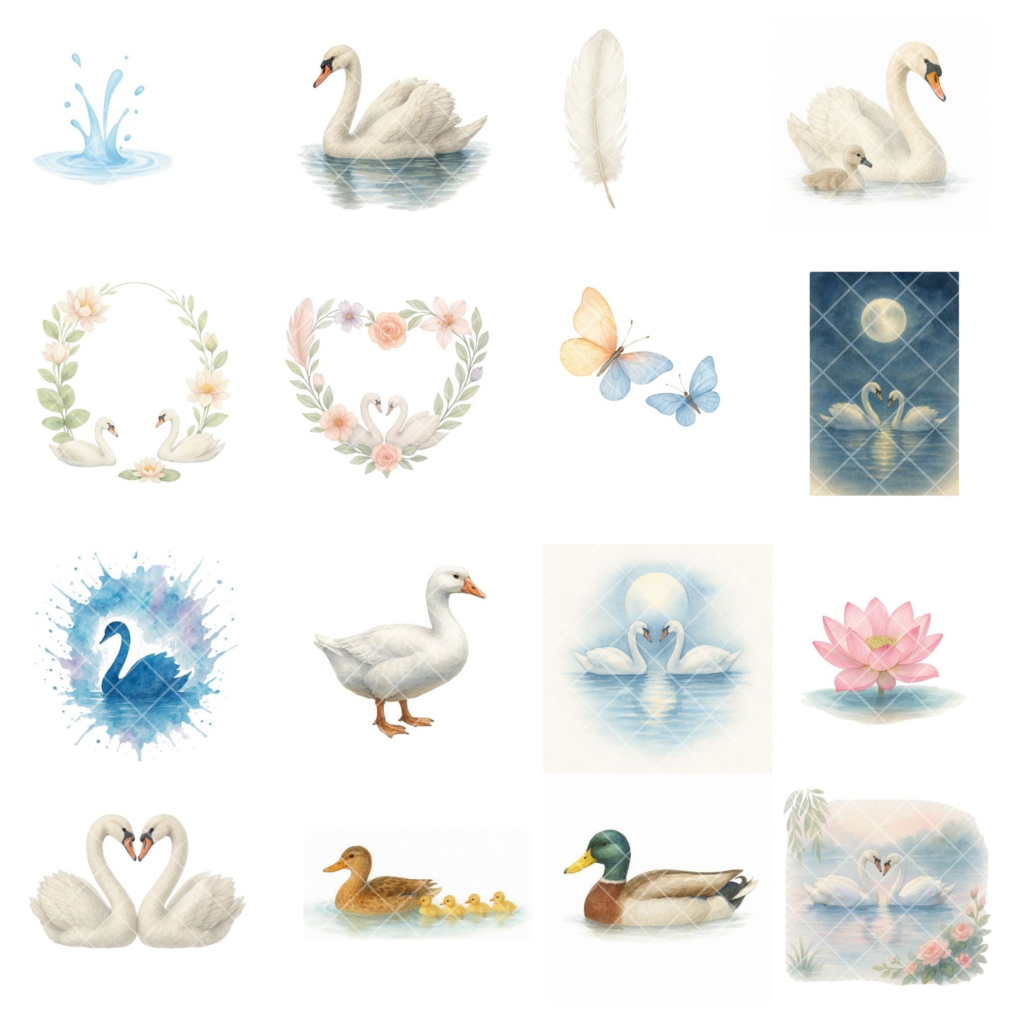 Swan Lake Watercolor Clipart Bundle – Elegant Pond Animals PNG, Swans & Nature Art, Wedding & Nursery Graphics, 50 PNG