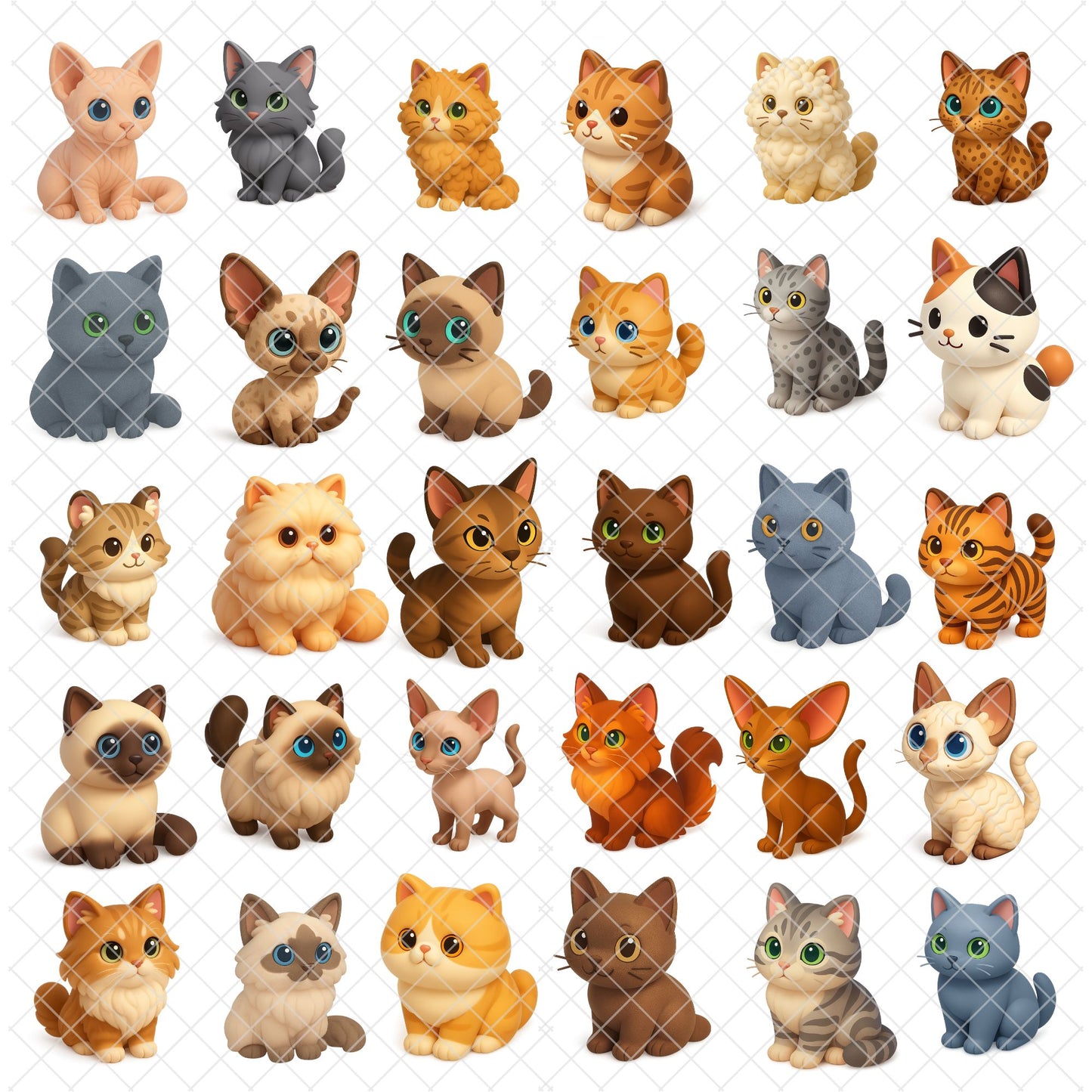 Cat Breeds 3D Isometric Clipart PNG Bundle – 50 Cute Cat Sticker Graphics (Persian, Siamese, Maine Coon & More)