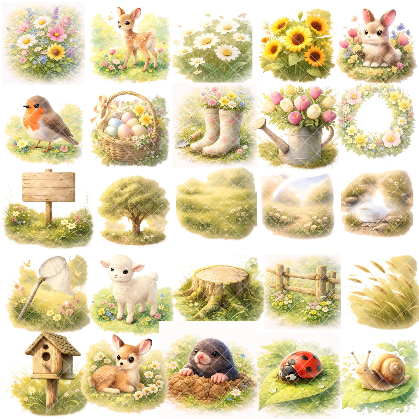 Spring Meadow Animals Watercolor Clipart Bundle – Cute Woodland Baby Animals PNG, Easter & Nursery Art, Floral Nature Graphics, 50 PNG