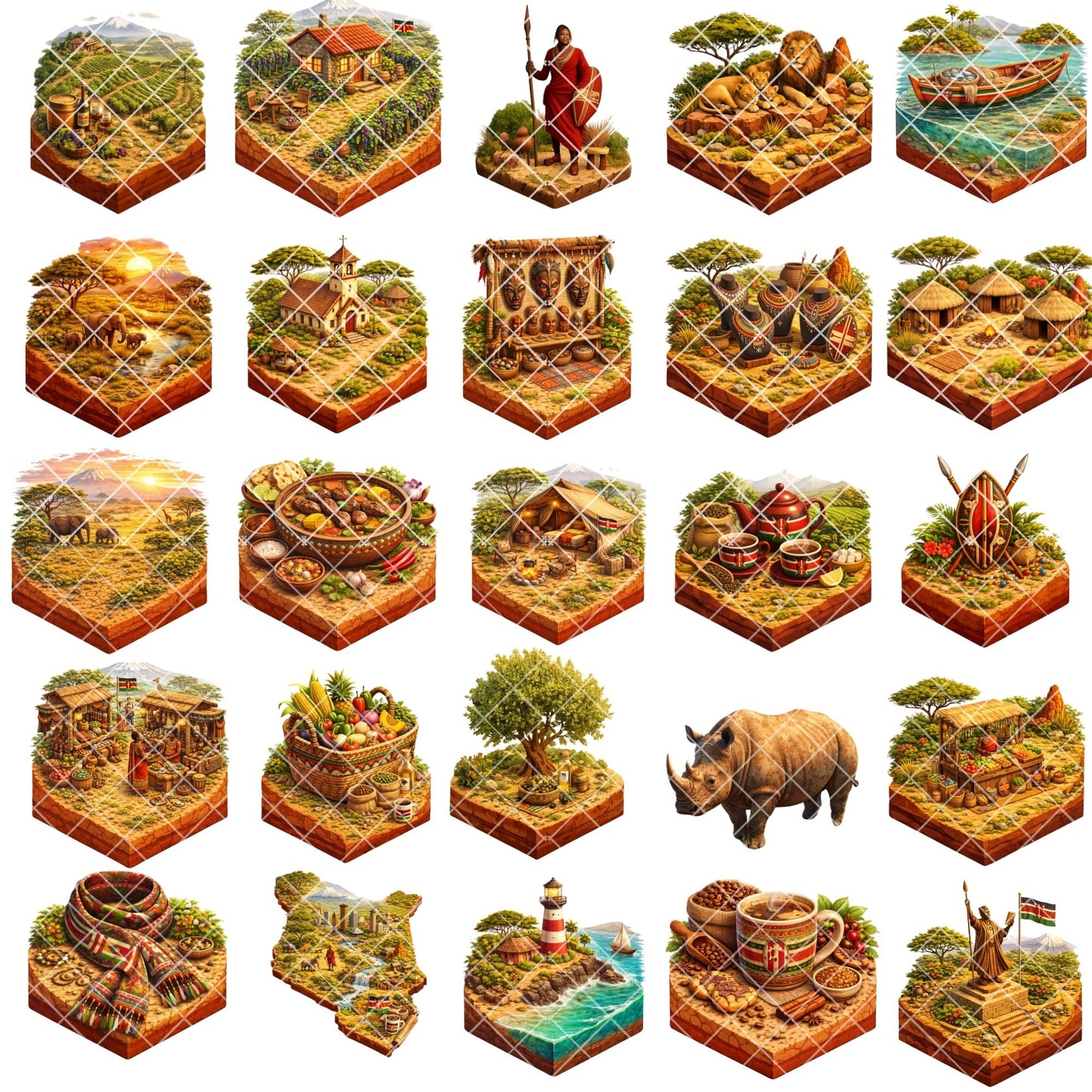 Kenya 3D PNG Clipart Bundle – African Culture, Wildlife & Village Art (50 Files)