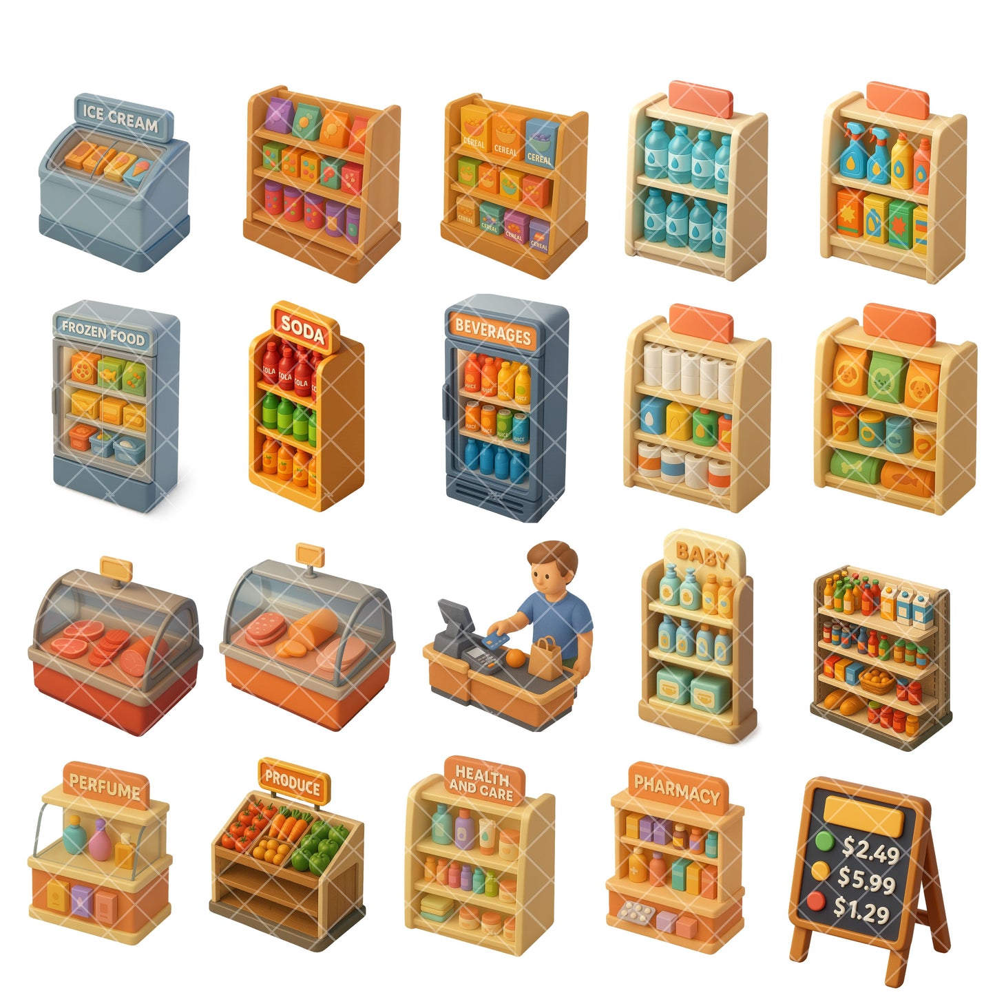 Supermarket Grocery Store Clipart – 60 3D PNG Files | Shopping Cart, Cashier, Food & Market Scenes
