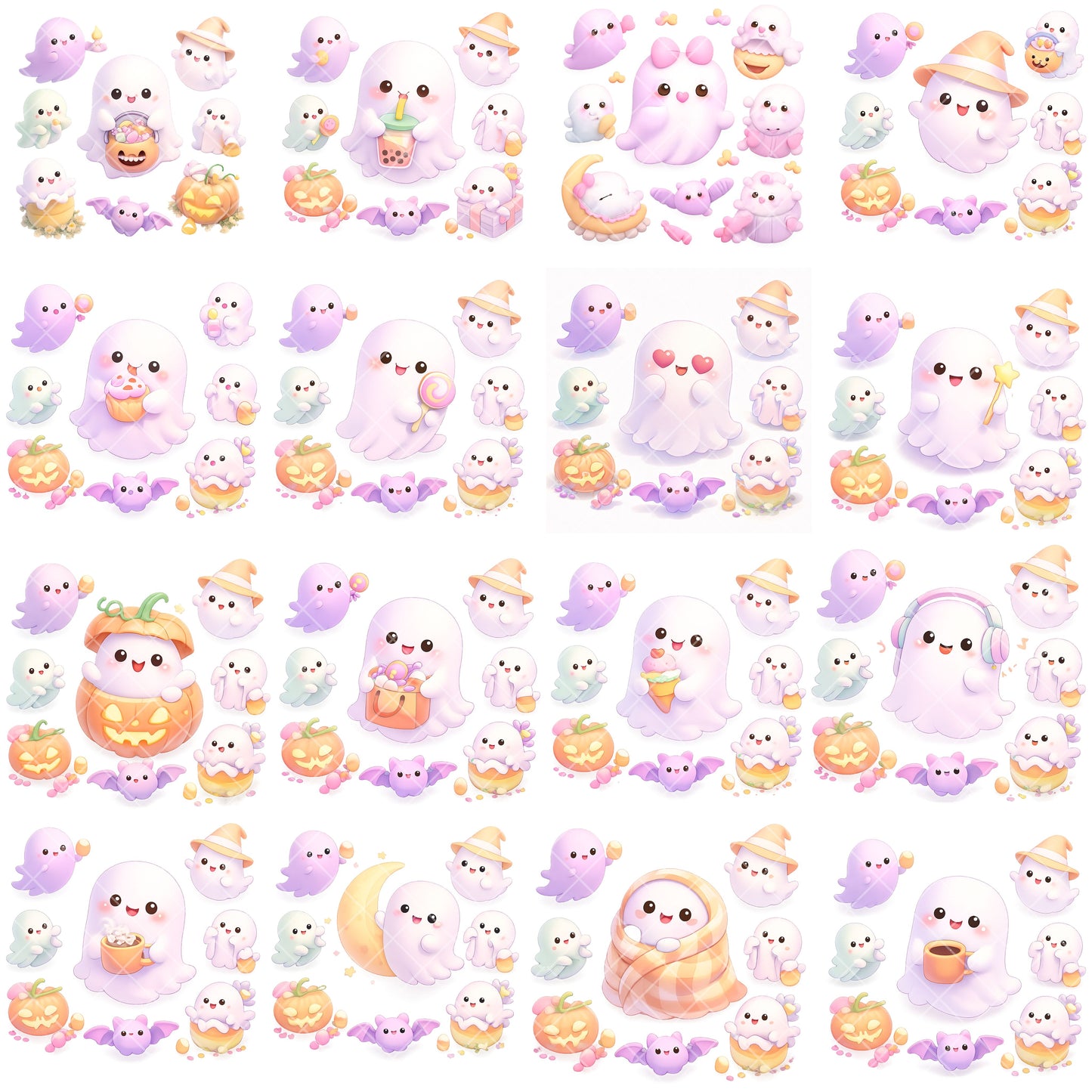 Kawaii Ghost Halloween Clipart Bundle – Cute 3D Isometric Ghost PNG, Pastel Halloween Elements, Candy & Pumpkins, 50 PNG