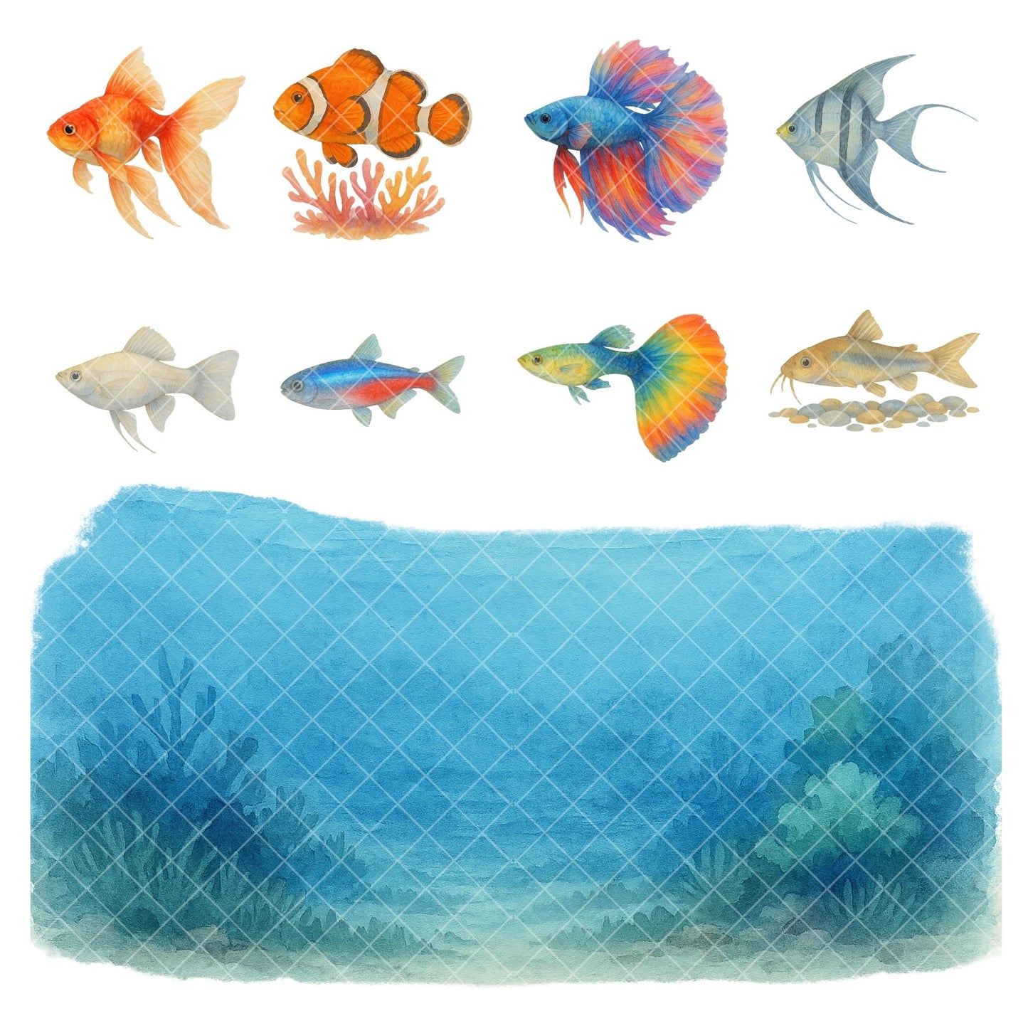 Watercolor Aquarium Clipart Bundle – Fish & Tank PNG, Under the Sea Animals, Kids Ocean Graphics, Educational Fish Art, 51 PNG
