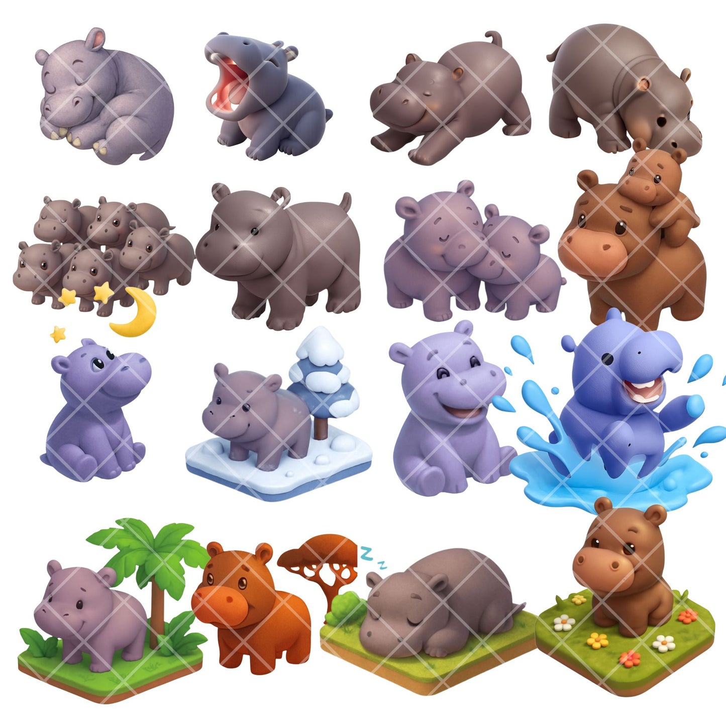 Cute Hippo Clipart Bundle – 3D Isometric Kawaii Hippo PNG, Nursery & Baby Shower Animals, Kids Clipart, 44 PNG
