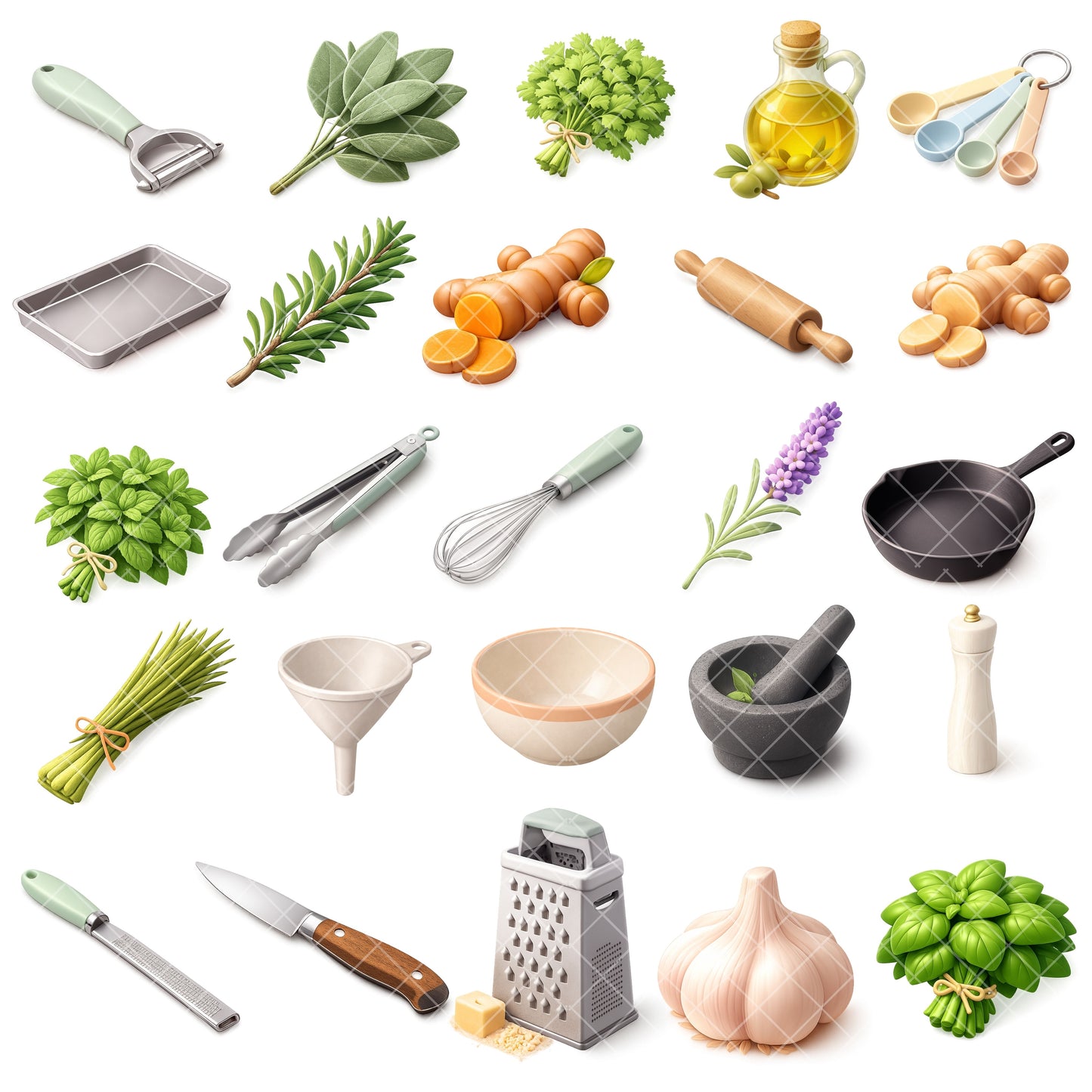 Kitchen Herbs & Utensils 3D Isometric Clipart Bundle – Cooking PNG, Food Illustration Graphics for Recipes, Planners & Sublimation, 50 PNG
