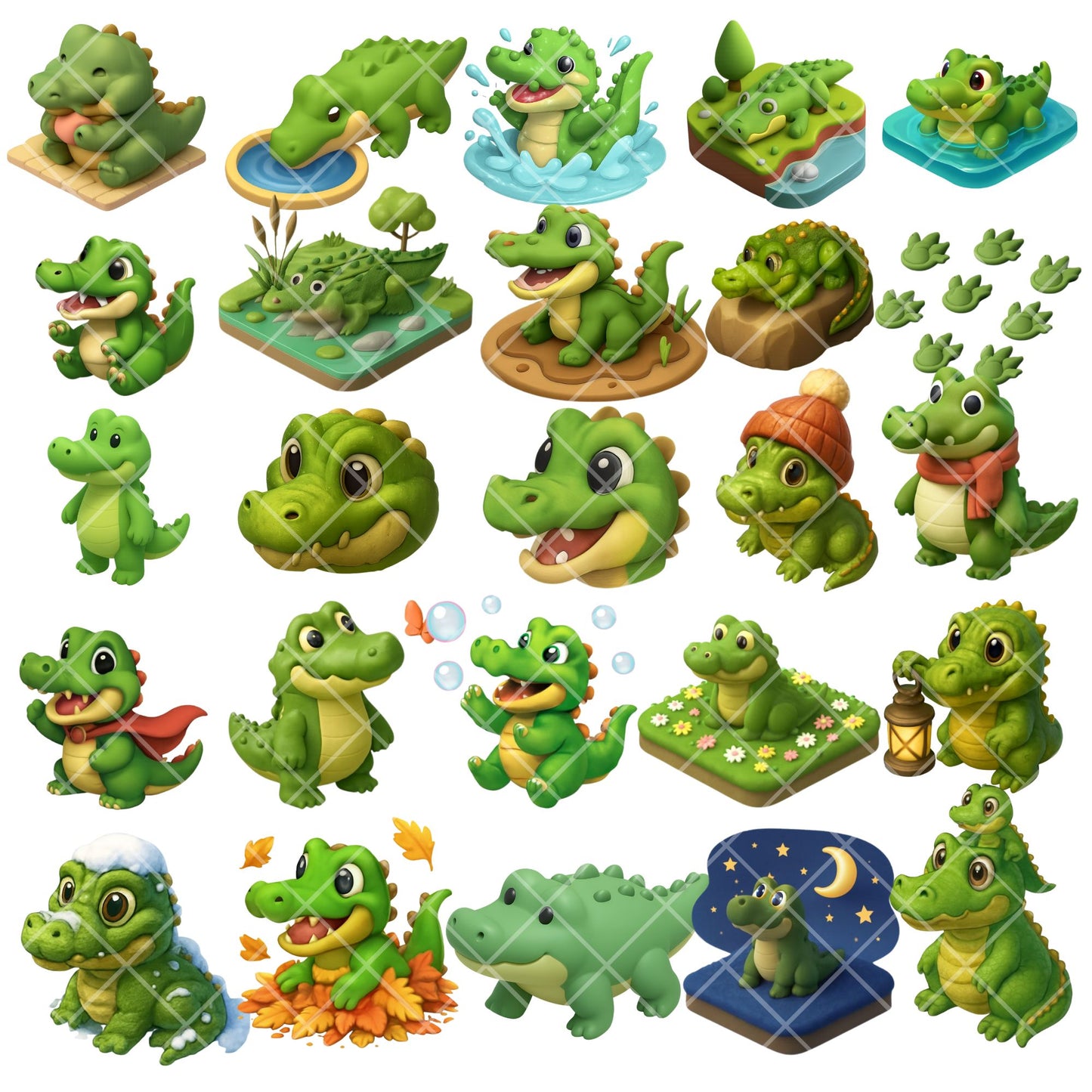 Cute Crocodile 3D Clipart Set – Jungle Animal PNG for Kids & Nursery (44 Files)