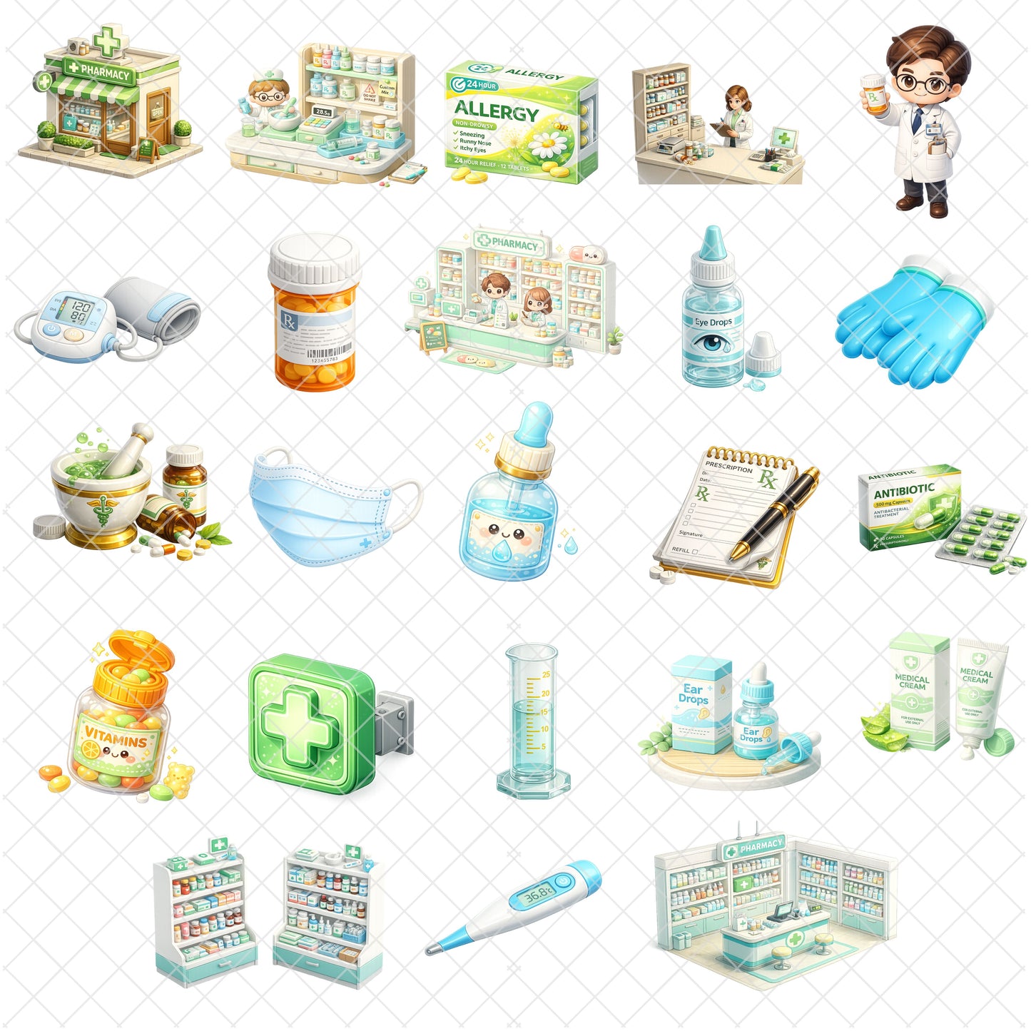 Pharmacist 3D Isometric Clipart PNG Bundle – 48 Pharmacy Tools, Medications & Healthcare Graphics