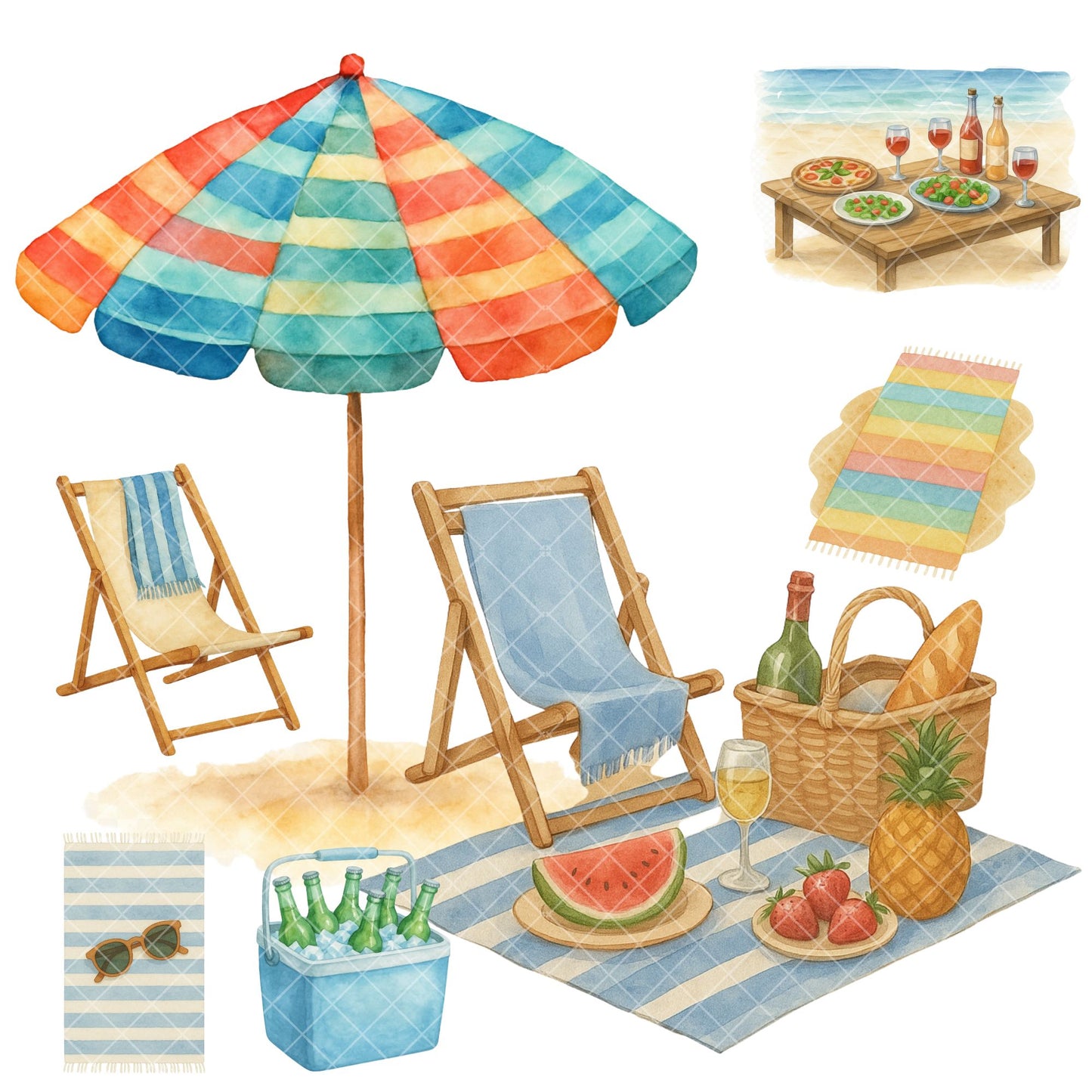 Watercolor Summer Clipart – Beach Picnic PNG Bundle, Coastal Vacation & Seaside Art (56 Files)