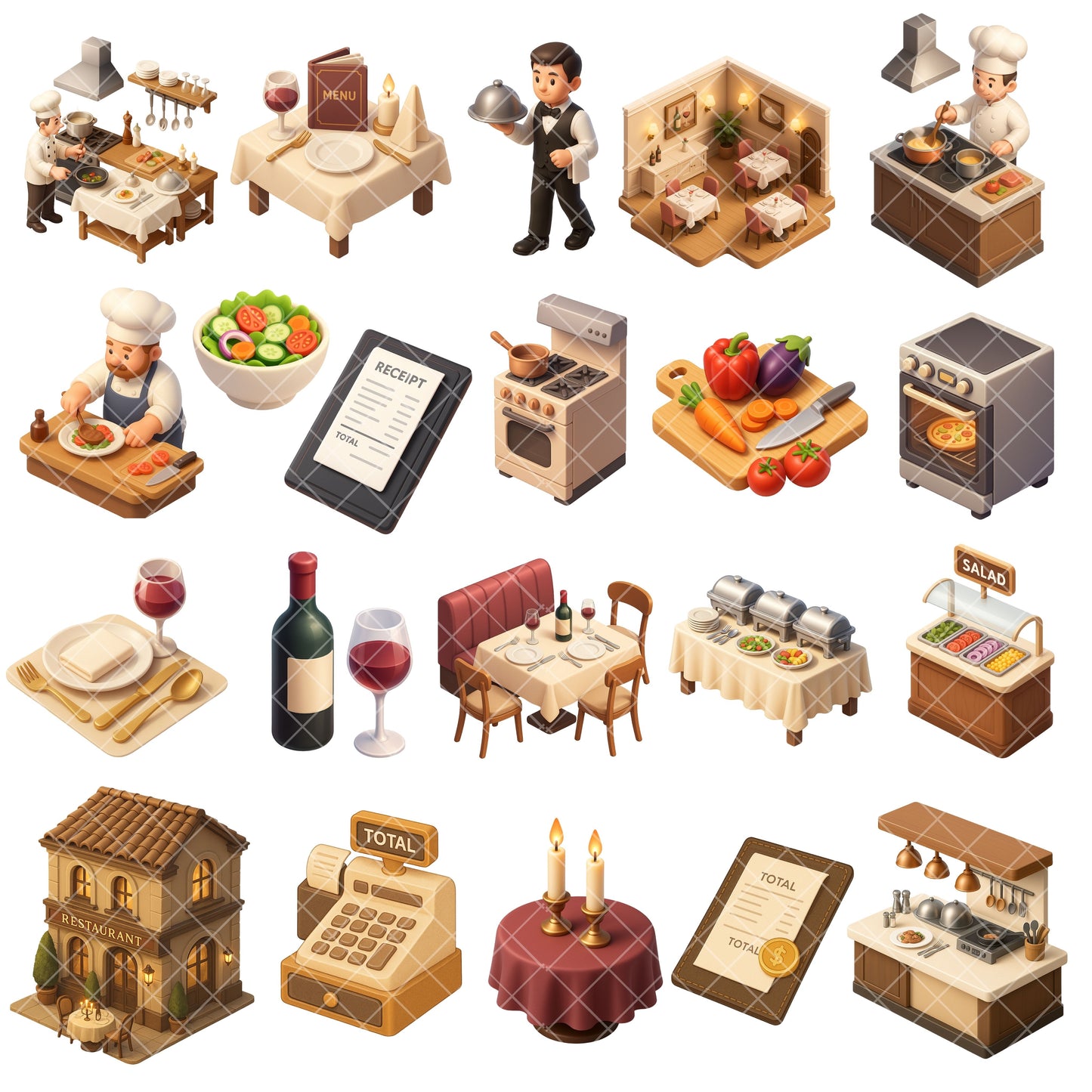 Fine Dining Watercolor Clipart – 65 PNG Restaurant & Bistro Graphics | Chef, Wine, Table Setting, Cafe Art