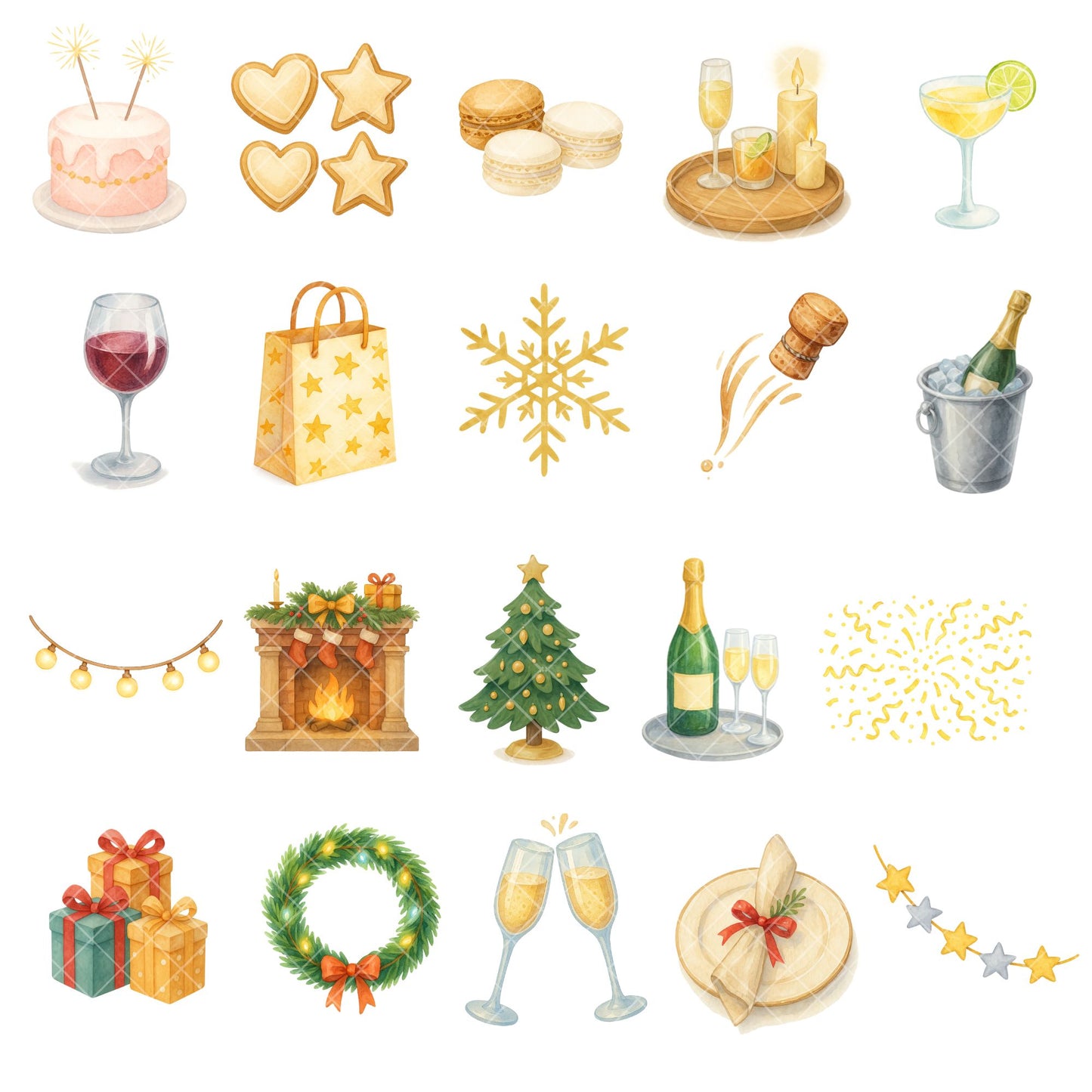 New Year Clipart 2026 – Champagne, Balloons & Party Watercolor PNG | Holiday Celebration Decor (57 Files)