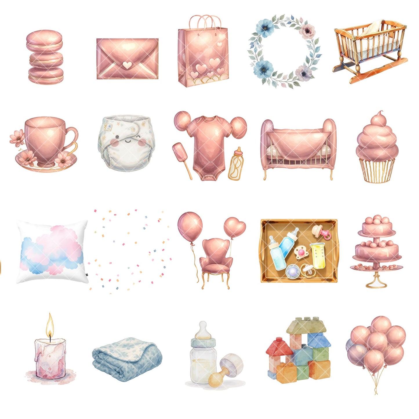 Pink Baby Shower Clipart Watercolor – Nursery Decor & Baby Items PNG | Girl Shower, Birth Announce (55 Files)