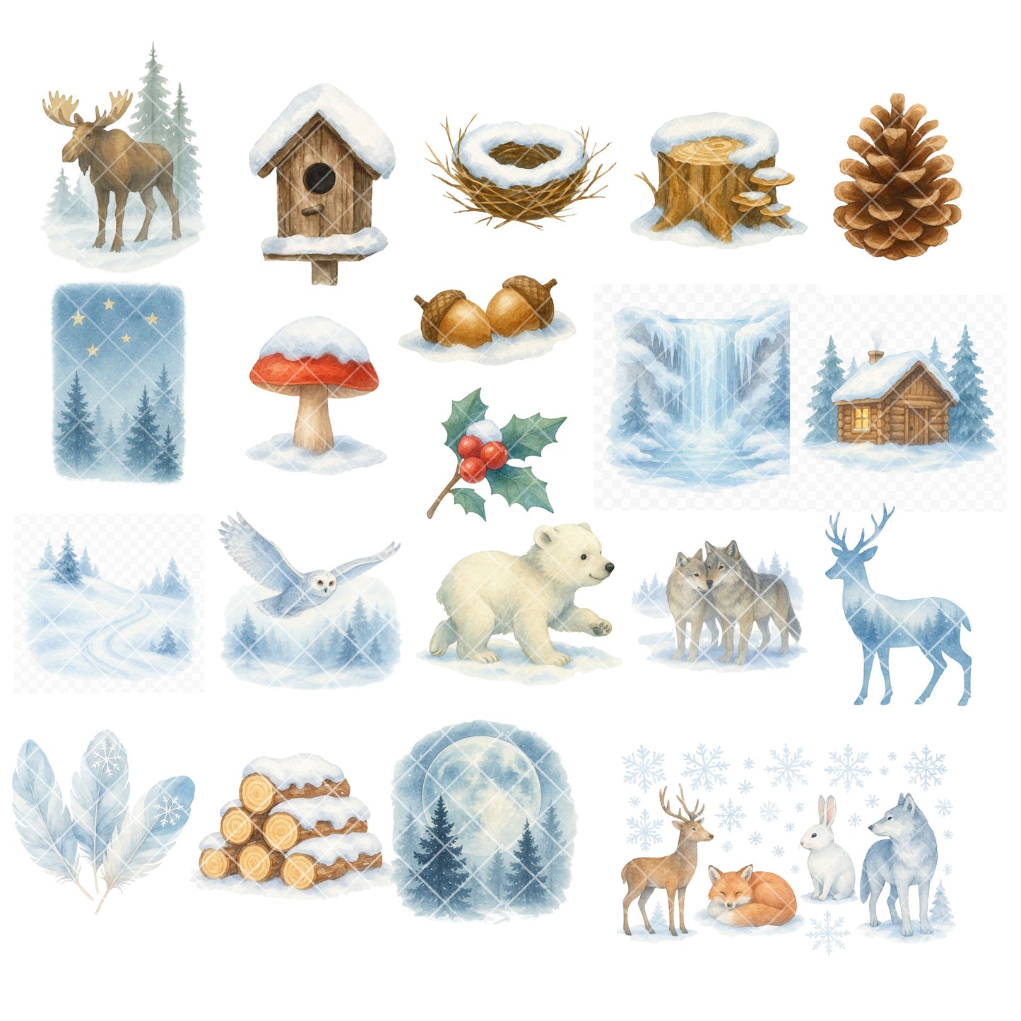 Woodland Winter Animals PNG Clipart – Frosty Forest Watercolor Set | Christmas Nursery Art, Stickers, Planners