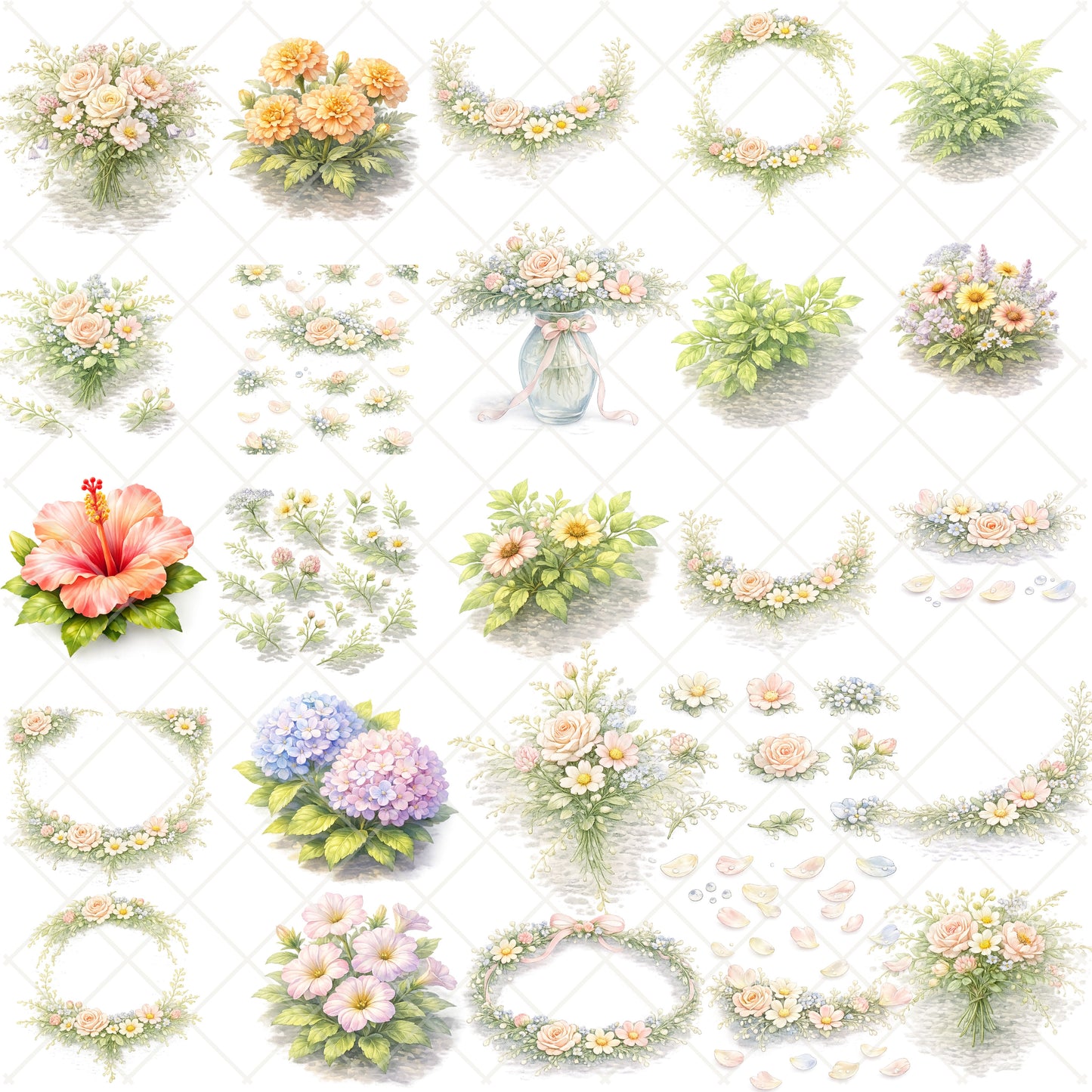 Summer Watercolor Floral Clipart – Pastel Flower PNG Bundle (55 Files) – Garden Bouquets, Baby Shower & Wedding Graphics