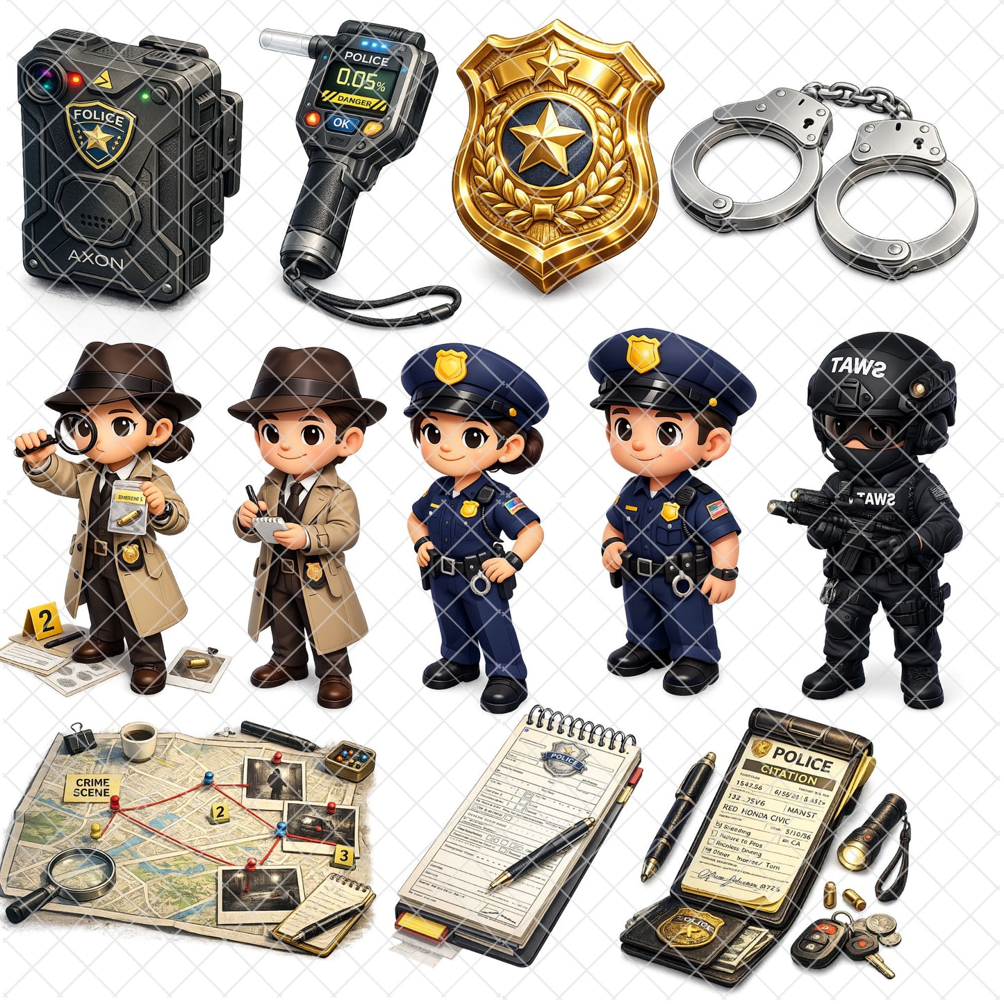 Police 3D Clipart PNG Bundle – 48 Officers, SWAT, Detectives & K9 Unit Graphics for Classroom & Crafts