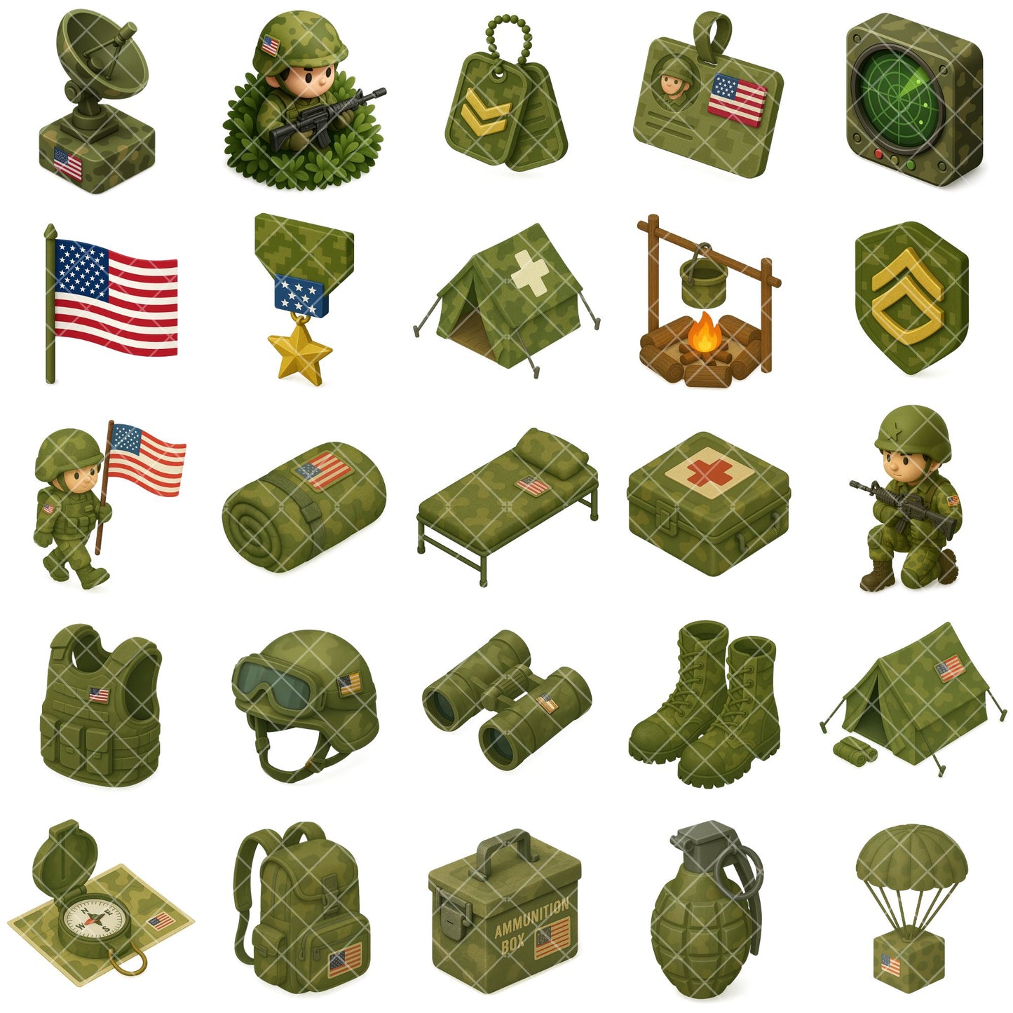 Military 3D Clipart PNG | Army Isometric Clipart | Camouflage Military Graphics | Army Game Assets | Commercial Use