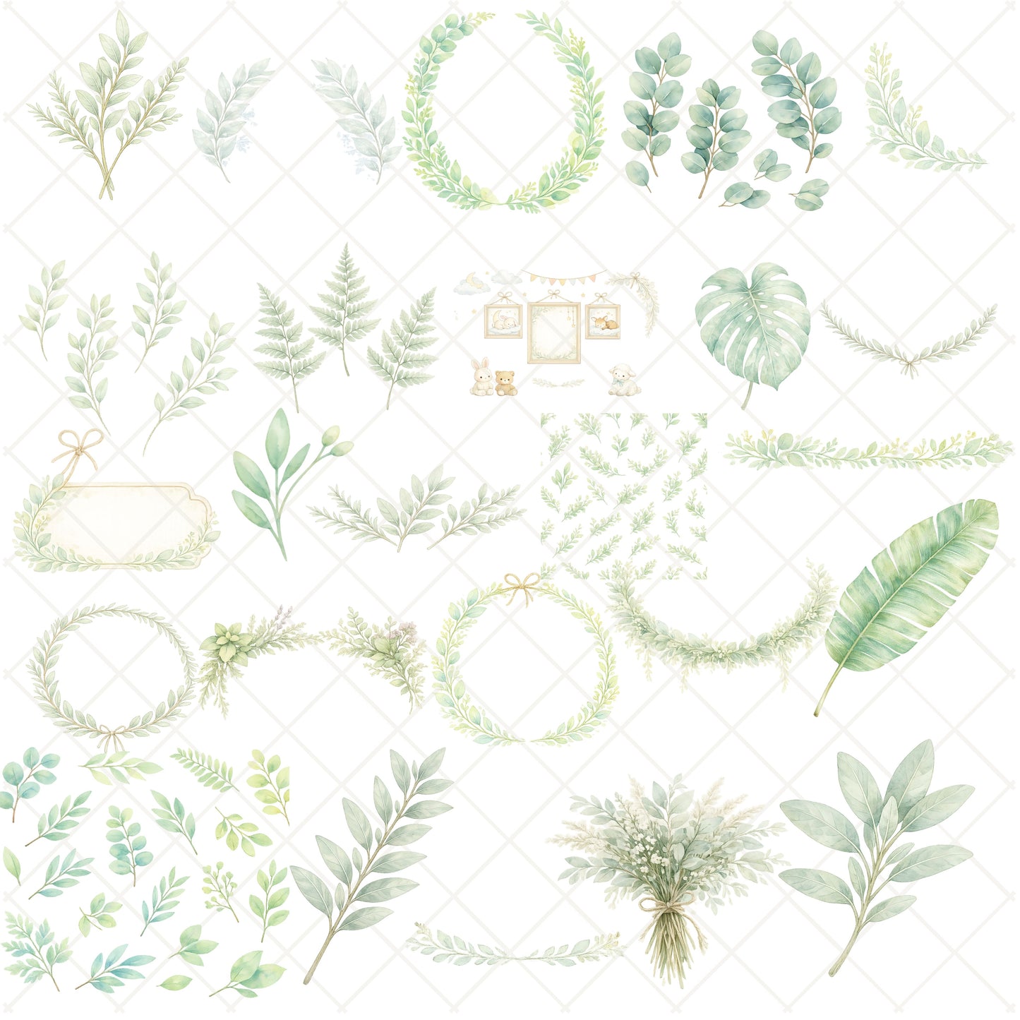 Greenery Clipart – 55 Watercolor Botanical Leaves PNG – Eucalyptus Wedding & Minimal Floral Graphics