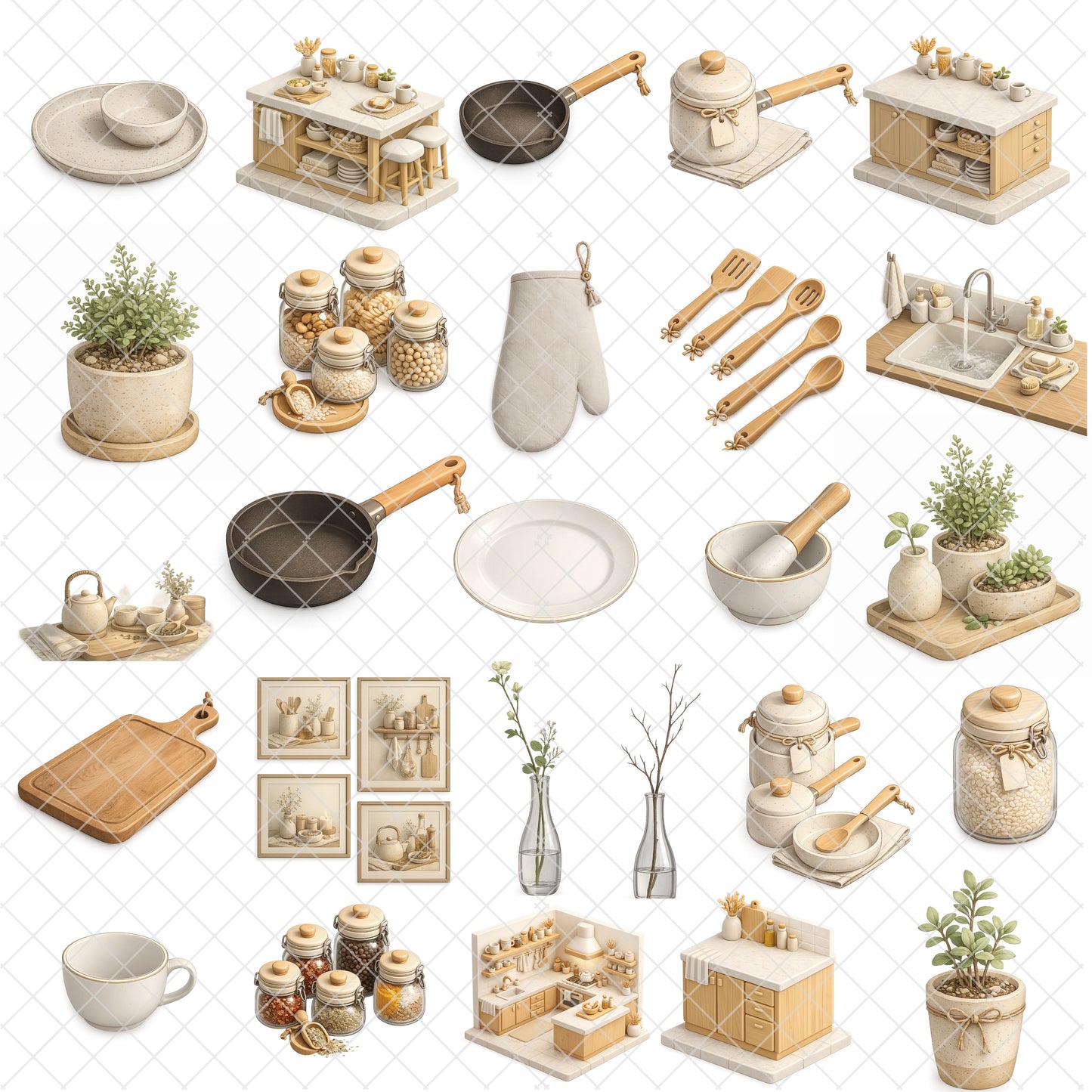 Japandi Kitchen Clipart Bundle | Minimalist Kitchen PNG | 3D Cooking Decor Graphics | Neutral Aesthetic Utensils, Tea Set, Pantry Clipart